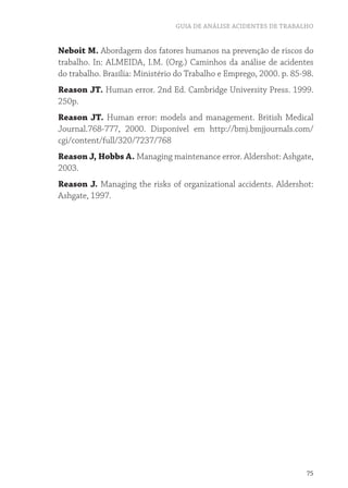 GUIA DE ANÁLISE ACIDENTES DE TRABALHO
75
Neboit M. Abordagem dos fatores humanos na prevenção de riscos do
trabalho. In: ALMEIDA, I.M. (Org.) Caminhos da análise de acidentes
do trabalho. Brasília: Ministério do Trabalho e Emprego, 2000. p. 85-98.
Reason JT. Human error. 2nd Ed. Cambridge University Press. 1999.
250p.
Reason JT. Human error: models and management. British Medical
Journal.768-777, 2000. Disponível em http://bmj.bmjjournals.com/
cgi/content/full/320/7237/768
Reason J, Hobbs A. Managing maintenance error. Aldershot: Ashgate,
2003.
Reason J. Managing the risks of organizational accidents. Aldershot:
Ashgate, 1997.
 