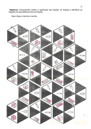 Objetivos: Compreender melhor o significado das frações, ler frações e identificar as
relações de equivalência entre as frações.
Veja a figura, imprima e recorte.
21
 