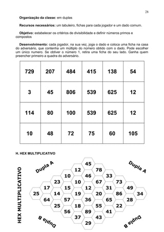 Organização da classe: em duplas
Recursos necessários: um tabuleiro, fichas para cada jogador e um dado comum.
Objetivo: estabelecer os critérios de divisibilidade e definir números primos e
compostos
Desenvolvimento: cada jogador, na sua vez, joga o dado e coloca uma ficha na casa
do adversário, que contenha um múltiplo do número obtido com o dado. Pode escolher
um único numero. Se obtiver o número 1, retira uma ficha do seu lado. Ganha quem
preencher primeiro a quadra do adversário.
729 207 484 415 138 54
3 45 806 539 625 12
114 80 100 539 625 12
10 48 72 75 60 105
H. HEX MULTIPLICATIVO
Conteúdo: multiplicação
Organização da classe: em duas duplas
Recursos necessários: tabuleiro, marcadores (botões, grãos, etc.) para cada dupla.
Objetivo: retomar o conceito de multiplicação e desenvolver processos de estimativa e
cálculo mental.
Desenvolvimento: os jogadores decidem quem começa. As duplas jogam
alternadamente. Em cada rodada, a dupla A escolhe dois dos números em jogo (os que
constam no alto da ficha) e multiplica-os. Se o resultado obtido estiver numa casa do
tabuleiro que não esteja ocupada por um marcador, coloca um de seus marcadores nessa
casa. Se a casa já estiver ocupada, não pode colocar nenhuma marca e perde a vez. Em
cada casa só pode ser colocado um marcador. Ganha a dupla que primeiro conseguir
ligar suas duas bordas do tabuleiro com seus marcadores, sem nenhuma marca do
oponente intercalada.
28
 