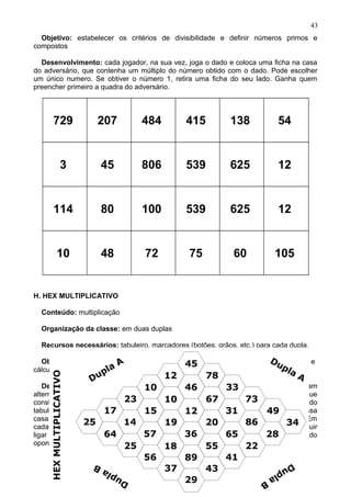 Objetivo: estabelecer os critérios de divisibilidade e definir números primos e
compostos
Desenvolvimento: cada jogador, na sua vez, joga o dado e coloca uma ficha na casa
do adversário, que contenha um múltiplo do número obtido com o dado. Pode escolher
um único numero. Se obtiver o número 1, retira uma ficha do seu lado. Ganha quem
preencher primeiro a quadra do adversário.
729 207 484 415 138 54
3 45 806 539 625 12
114 80 100 539 625 12
10 48 72 75 60 105
H. HEX MULTIPLICATIVO
Conteúdo: multiplicação
Organização da classe: em duas duplas
Recursos necessários: tabuleiro, marcadores (botões, grãos, etc.) para cada dupla.
Objetivo: retomar o conceito de multiplicação e desenvolver processos de estimativa e
cálculo mental.
Desenvolvimento: os jogadores decidem quem começa. As duplas jogam
alternadamente. Em cada rodada, a dupla A escolhe dois dos números em jogo (os que
constam no alto da ficha) e multiplica-os. Se o resultado obtido estiver numa casa do
tabuleiro que não esteja ocupada por um marcador, coloca um de seus marcadores nessa
casa. Se a casa já estiver ocupada, não pode colocar nenhuma marca e perde a vez. Em
cada casa só pode ser colocado um marcador. Ganha a dupla que primeiro conseguir
ligar suas duas bordas do tabuleiro com seus marcadores, sem nenhuma marca do
oponente intercalada.
43
 