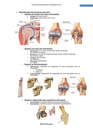 http://estudandoanatomia.blogspot.com/
                                                                                        7


   Classificação das junturas sinoviais:
       o Quanto ao número de ossos articulados:
               Simples: entre dois ossos.
               Compostas: entre mais de dois ossos.




      o Quanto aos eixos de movimento:
               Monoaxiais: em um eixo. Só permitem flexão e extensão.
                Ex: Gínglimo e trocóide
               Biaxiais: em dois eixos. Realiza extensão, flexão, adução e abdução
                Ex: Condilar e selar
               Triaxiais: em três eixos.
                Ex: Esferóide
               Não axiais: deslizamento.
                Ex: Planas
      o Quanto ao funcionamento:
           Dependentes: dependem da integridade de outra articulação para se
                movimentar.
                     Unilaterais
                     Bilaterais
               Independentes: independem da integridade de outra articulação para se
                movimentar.




      o Quanto à disposição das superfícies articulares:
               Concordantes: superfícies ósseas encaixam perfeitamente.
               Discordantes: superfícies ósseas não encaixam perfeitamente.




                              @DanMoreyra
 