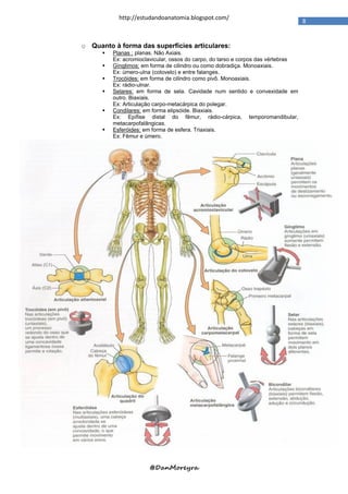http://estudandoanatomia.blogspot.com/
                                                                                   8


o Quanto à forma das superfícies articulares:
         Planas : planas. Não Axiais.
          Ex: acromioclavicular, ossos do carpo, do tarso e corpos das vértebras
         Gínglimos: em forma de cilindro ou como dobradiça. Monoaxiais.
          Ex: úmero-ulna (cotovelo) e entre falanges.
         Trocóides: em forma de cilindro como pivô. Monoaxiais.
          Ex: rádio-ulnar.
         Selares: em forma de sela. Cavidade num sentido e convexidade em
          outro. Biaxiais.
          Ex: Articulação carpo-metacárpica do polegar.
         Condilares: em forma elipsóide. Biaxiais.
          Ex: Epífise distal do fêmur, rádio-cárpica, temporomandibular,
          metacarpofalângicas.
         Esferóides: em forma de esfera. Triaxiais.
          Ex: Fêmur e úmero.




                       @DanMoreyra
 