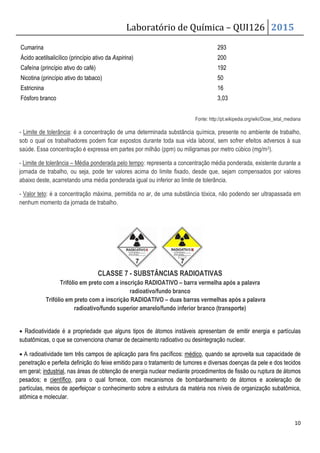 Laboratório de Química – QUI126 2015
10
Cumarina 293
Ácido acetilsalicílico (princípio ativo da Aspirina) 200
Cafeína (princípio ativo do café) 192
Nicotina (princípio ativo do tabaco) 50
Estricnina 16
Fósforo branco 3,03
Fonte: http://pt.wikipedia.org/wiki/Dose_letal_mediana
- Limite de tolerância: é a concentração de uma determinada substância química, presente no ambiente de trabalho,
sob o qual os trabalhadores podem ficar expostos durante toda sua vida laboral, sem sofrer efeitos adversos à sua
saúde. Essa concentração é expressa em partes por milhão (ppm) ou miligramas por metro cúbico (mg/m3).
- Limite de tolerância – Média ponderada pelo tempo: representa a concentração média ponderada, existente durante a
jornada de trabalho, ou seja, pode ter valores acima do limite fixado, desde que, sejam compensados por valores
abaixo deste, acarretando uma média ponderada igual ou inferior ao limite de tolerância.
- Valor teto: é a concentração máxima, permitida no ar, de uma substância tóxica, não podendo ser ultrapassada em
nenhum momento da jornada de trabalho.
CLASSE 7 - SUBSTÂNCIAS RADIOATIVAS
Trifólio em preto com a inscrição RADIOATIVO – barra vermelha após a palavra
radioativo/fundo branco
Trifólio em preto com a inscrição RADIOATIVO – duas barras vermelhas após a palavra
radioativo/fundo superior amarelo/fundo inferior branco (transporte)
• Radioatividade é a propriedade que alguns tipos de átomos instáveis apresentam de emitir energia e partículas
subatômicas, o que se convenciona chamar de decaimento radioativo ou desintegração nuclear.
• A radioatividade tem três campos de aplicação para fins pacíficos: médico, quando se aproveita sua capacidade de
penetração e perfeita definição do feixe emitido para o tratamento de tumores e diversas doenças da pele e dos tecidos
em geral; industrial, nas áreas de obtenção de energia nuclear mediante procedimentos de fissão ou ruptura de átomos
pesados; e científico, para o qual fornece, com mecanismos de bombardeamento de átomos e aceleração de
partículas, meios de aperfeiçoar o conhecimento sobre a estrutura da matéria nos níveis de organização subatômica,
atômica e molecular.
 
