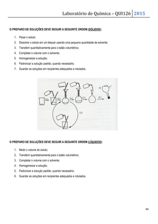 Laboratório de Química – QUI126 2015
49
O PREPARO DE SOLUÇÕES DEVE SEGUIR A SEGUINTE ORDEM (SÓLIDOS):
1. Pesar o soluto;
2. Dissolver o soluto em um béquer usando uma pequena quantidade de solvente;
3. Transferir quantitativamente para o balão volumétrico;
4. Completar o volume com o solvente;
5. Homogeneizar a solução;
6. Padronizar a solução padrão, quando necessário;
7. Guardar as soluções em recipientes adequados e rotulados.
O PREPARO DE SOLUÇÕES DEVE SEGUIR A SEGUINTE ORDEM (LÍQUIDOS):
1. Medir o volume do soluto;
2. Transferir quantitativamente para o balão volumétrico;
3. Completar o volume com o solvente;
4. Homogeneizar a solução;
5. Padronizar a solução padrão, quando necessário;
6. Guardar as soluções em recipientes adequados e rotulados.
 