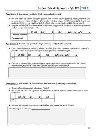 Laboratório de Química – QUI126 2015
61
Procedimento 3: Determinação qualitativa do pH com papel de tornassol
• Em uma bateria de 5 tubos de ensaio adicione, com o auxílio de uma pipeta de Pasteur, em cada tubo,
aproximadamente 1mL da solução de HCl0,1M (tubo 1), 1mL da solução de HCl diluída (tubo 2), 1mL de água
destilada (tubo 3), 1mL da solução de NaOH 0,1M (tubo 4) e 1mL da solução de NaOH diluída (tubo 5);
• Mergulhe um bastão de vidro em cada tubo e faça o teste com papéis de tornassol azul e vermelho e preencha
a tabela à seguir com a cor observada:
HCl 0,1M . HCl ________M H2O . NaOH 0,1M NaOH _______M
Tornassol vermelho
Tornassol azul
Procedimento 4: Determinação quantitativa do pH utilizando papel indicador universal
• Faça o mesmo teste do procedimento anterior, dessa fez utilizando um pedaço de papel indicador universal e
preencha a tabela abaixo com o valor aproximado do pH obtido para cada solução:
HCl 0,1M . HCl ________M H2O . NaOH 0,1M NaOH _______M
pH
• Compare os valores obtidos experimentalmente com aqueles calculados nos procedimentos 1 e 2. Existe
alguma diferença apreciável? Você seria capaz de apontar alguma fonte do erro?
Procedimento 5: Determinação do pH utilizando o indicador violeta-de-metila (cristal violeta)
• Observe a faixa de viragem do indicador na Tabela 1;
• Nos tubos 1, 2 e 3 adicionar 2 gotas do indicador violeta de metila e preencha a tabela abaixo com as cores
observadas:
HCl 0,1M . HCl ________M H2O .
Cor
• Discuta o resultado obtido em função do pH esperado e da faixa de viragem do indicador.
Faixa de viragem do indicador: _____________________
 