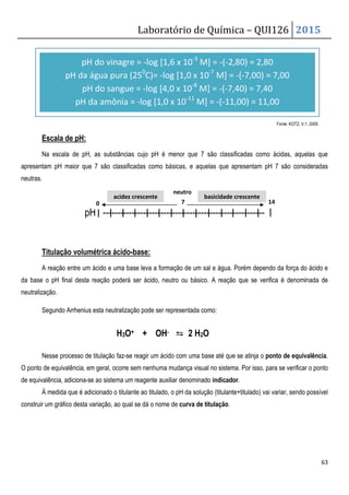 Laboratório de Química – QUI126 2015
63
Fonte: KOTZ, V.1, 2009.
Escala de pH:
Na escala de pH, as substâncias cujo pH é menor que 7 são classificadas como ácidas, aquelas que
apresentam pH maior que 7 são classificadas como básicas, e aquelas que apresentam pH 7 são consideradas
neutras.
pH --------------------------------------------------------
Titulação volumétrica ácido-base:
A reação entre um ácido e uma base leva a formação de um sal e água. Porém dependo da força do ácido e
da base o pH final desta reação poderá ser ácido, neutro ou básico. A reação que se verifica é denominada de
neutralização.
Segundo Arrhenius esta neutralização pode ser representada como:
H3O+ + OH- ⇆
⇆
⇆
⇆ 2 H2O
Nesse processo de titulação faz-se reagir um ácido com uma base até que se atinja o ponto de equivalência.
O ponto de equivalência, em geral, ocorre sem nenhuma mudança visual no sistema. Por isso, para se verificar o ponto
de equivalência, adiciona-se ao sistema um reagente auxiliar denominado indicador.
À medida que é adicionado o titulante ao titulado, o pH da solução (titulante+titulado) vai variar, sendo possível
construir um gráfico desta variação, ao qual se dá o nome de curva de titulação.
pH do vinagre = -log [1,6 x 10-3
M] = -(-2,80) = 2,80
pH da água pura (250
C)= -log [1,0 x 10-7
M] = -(-7,00) = 7,00
pH do sangue = -log [4,0 x 10-8
M] = -(-7,40) = 7,40
pH da amônia = -log [1,0 x 10-11
M] = -(-11,00) = 11,00
7 14
0
acidez crescente basicidade crescente
neutro
 