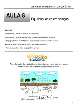 Laboratório de Química – QUI126 2015
71
Equílibrio iônico em solução
_______________________________________________________________________________________________
OBJETIVOS
▶ Compreender o conceito de estado de equilíbrio químico;
▶ Compreender a constante de equilíbrio, sua expressão matemática e seu significado;
▶ Empregar o Princípio de Le Châtelier no deslocamento do equilíbrio em reações químicas;
▶ Conhecer os principais fatores que atuam sobre o estado de equilíbrio;
▶ Conhecer aplicações práticas sobre equilíbrios químicos.
_______________________________________________________________________________________________
Que a formação dos estalactites e estalagmites nas cavernas é um exemplo
interessante de deslocamento dos equilíbrios químicos?
AULA 8
 