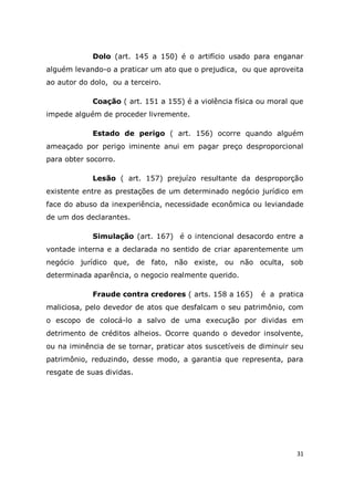 31
Dolo (art. 145 a 150) é o artifício usado para enganar
alguém levando-o a praticar um ato que o prejudica, ou que aproveita
ao autor do dolo, ou a terceiro.
Coação ( art. 151 a 155) é a violência física ou moral que
impede alguém de proceder livremente.
Estado de perigo ( art. 156) ocorre quando alguém
ameaçado por perigo iminente anui em pagar preço desproporcional
para obter socorro.
Lesão ( art. 157) prejuízo resultante da desproporção
existente entre as prestações de um determinado negócio jurídico em
face do abuso da inexperiência, necessidade econômica ou leviandade
de um dos declarantes.
Simulação (art. 167) é o intencional desacordo entre a
vontade interna e a declarada no sentido de criar aparentemente um
negócio jurídico que, de fato, não existe, ou não oculta, sob
determinada aparência, o negocio realmente querido.
Fraude contra credores ( arts. 158 a 165) é a pratica
maliciosa, pelo devedor de atos que desfalcam o seu patrimônio, com
o escopo de colocá-lo a salvo de uma execução por dividas em
detrimento de créditos alheios. Ocorre quando o devedor insolvente,
ou na iminência de se tornar, praticar atos suscetíveis de diminuir seu
patrimônio, reduzindo, desse modo, a garantia que representa, para
resgate de suas dividas.
 