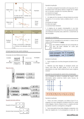 Objeto sobre
Fo
As lentes de faróis e holofotes são
aplicações deste caso.
Imprópria
Objeto entre
Fo e O
Virtual
Direita
Maior
Lente
divergente
Figura
Características da
imagem
Qualquer
posição
A lupa, o microscópio, o telescópio
e o binóculo são aplicações deste
caso.
Virtual
Direita
Menor
ESTUDO ANALÍTICO DAS LENTES ESFÉRICAS
Convenção de sinais (Referencial de Gauss):
Regra de sinais:
Equação das lentes esféricas:
Equação de Gauss: '
1 1 1
f p p
 
Aumento linear transversal:
'
i p
A
o p

 
Exemplos de aplicação:
1. Uma lente convergente funcionando como lupa possui 10 cm
de distância focal. Uma pessoa observa a imagem de um objeto
de 2 cm de altura, colocado a 8 cm da lente. Determine:
a) o tamanho da imagem
b) o aumento linear transversal
2. Um objeto de 10 cm de altura é colocado diante de uma lente
divergente a 9 cm da lente. Sendo a distância focal f = 6 cm,
calcule:
a) a posição da imagem
b) a altura da imagem
c) o aumento linear transversal
3. A objetiva de um projetor cinematográfico é uma lente
convergente de distância focal 10 cm. Para que seja possível obter
uma ampliação de duzentas vezes, determine o comprimento da
sala de projeção.
EQUAÇÃO DA VERGÊNCIA:
Vergência (V) ou convergência de uma lente é o inverso da sua
distância focal (f) expressa em metros.
Ela é medida em dioptrias (di) que corresponde ao
“grau” das lentes utilizadas em óculos para
correção da visão.
Exemplos de aplicação:
1. Qual a vergência de uma lente divergente de distância focal -
4,0 cm?
2. Mediante uma lente delgada, um estudante acende uma
chama numa folha de papel situada a 20 cm da lente,
aproveitando a luz solar. Qual a distância focal e qual a vergência
da lente?
EQUAÇÃO DA ASSOCIAÇÃO DE LENTES POR JUSTAPOSIÇÃO:
Com a finalidade de melhorar a qualidade das imagens, muitos
instrumentos ópticos servem-se, dentre outros recursos, da
associação de lentes.
Exemplos de aplicação:
1. Temos uma lente convergente, de distância focal 20 cm,
justaposta com outra, divergente, de distância focal 30 cm, sendo
ambas delgadas. Calcule a distancia focal e a vergência da lente
equivalente. Essa lente e convergente ou divergente?
2. Numa associação de duas lentes delgadas e justapostas, uma
delas tem vergência de +5 di (convergente) e a outra, de -3 di
1
V
f

 