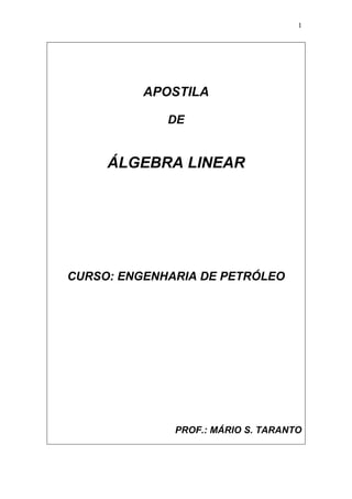 1
APOSTILA
DE
ÁLGEBRA LINEAR
CURSO: ENGENHARIA DE PETRÓLEO
PROF.: MÁRIO S. TARANTO
 