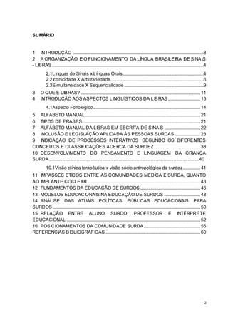 2
SUMÁRIO
1 INTRODUÇÃO ..................................................................................................................3
2 A ORGANIZAÇÃO E O FUNCIONAMENTO DA LÍNGUA BRASILEIRA DE SINAIS
- LIBRAS....................................................................................................................................4
2.1Línguas de Sinais x Línguas Orais ......................................................................4
2.2Iconicidade X Arbitrariedade.................................................................................6
2.3Simultaneidade X Sequencialidade .....................................................................9
3 O QUE É LIBRAS?........................................................................................................ 11
4 INTRODUÇÃO AOS ASPECTOS LINGUÍSTICOS DA LIBRAS............................ 13
4.1Aspecto Fonológico............................................................................................. 14
5 ALFABETO MANUAL.................................................................................................... 21
6 TIPOS DE FRASES....................................................................................................... 21
7 ALFABETO MANUAL DA LIBRAS EM ESCRITA DE SINAIS ............................... 22
8 INCLUSÃO E LEGISLAÇÃO APLICADA ÀS PESSOAS SURDAS ...................... 23
9 INDICAÇÃO DE PROCESSOS INTERATIVOS SEGUNDO OS DIFERENTES
CONCEITOS E CLASSIFICAÇÕES ACERCA DA SURDEZ........................................ 38
10 DESENVOLVIMENTO DO PENSAMENTO E LINGUAGEM DA CRIANÇA
SURDA.......................................................................................................................40
10.1Visão clínica terapêutica x visão sócio antropológica da surdez............... 41
11 IMPASSES ÉTICOS ENTRE AS COMUNIDADES MÉDICA E SURDA, QUANTO
AO IMPLANTE COCLEAR.................................................................................................. 43
12 FUNDAMENTOS DA EDUCAÇÃO DE SURDOS .................................................... 46
13 MODELOS EDUCACIONAIS NA EDUCAÇÃO DE SURDOS ............................... 48
14 ANÁLISE DAS ATUAIS POLÍTICAS PÚBLICAS EDUCACIONAIS PARA
SURDOS ................................................................................................................................ 50
15 RELAÇÃO ENTRE ALUNO SURDO, PROFESSOR E INTÉRPRETE
EDUCACIONAL .................................................................................................................... 52
16 POSICIONAMENTOS DA COMUNIDADE SURDA................................................. 55
REFERÊNCIAS BIBLIOGRÁFICAS .................................................................................. 60
 