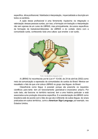 24
específica, ética profissional, fidelidade à interpretação, imparcialidade e discrição em
todos os sentidos.
A ação desse profissional é uma ferramenta riquíssima na integração e
valorização dessas pessoas surdas, por isso, a formação em tradução e interpretação
não vem apenas de um curso de LIBRAS, mas principalmente, de cursos específicos
de formação de tradutores/intérpretes de LIBRAS e do contato diário com a
comunidade surda, conhecendo toda uma cultura que envolve o ser surdo.
Fonte: monalisalibras.blogspot.com.br
A LIBRAS foi reconhecida por lei (Lei nº 10.436, de 24 de abril de 2002) como
meio de comunicação e expressão de comunidades de surdos do Brasil. Merece ser
ressaltado o fato de que a lei coloca LIBRAS no grupo das línguas do Brasil.
Classificá-la como língua é possível porque ela preenche os requisitos
científicos para tanto: tem um funcionamento gramatical e enunciativo próprio. Por
outro lado, ela funciona no território nacional, tem a uma história particular e está
associada a uma produção discursiva específica. E a caracterização de LIBRAS como
brasileira está de acordo com o fato de que ela é diferente de outras línguas de sinais
praticadas em outros territórios, como a American Sign Language, por exemplo, nos
Estados Unidos.
 