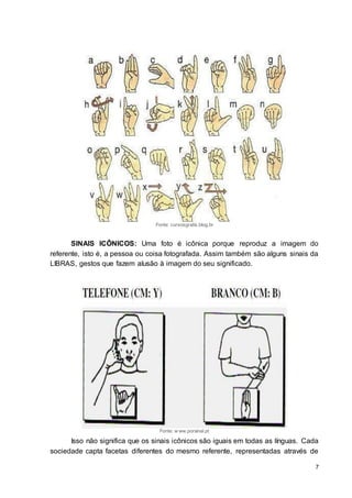 7
Fonte: cursosgratis.blog.br
SINAIS ICÔNICOS: Uma foto é icônica porque reproduz a imagem do
referente, isto é, a pessoa ou coisa fotografada. Assim também são alguns sinais da
LIBRAS, gestos que fazem alusão à imagem do seu significado.
Fonte: w ww.porsinal.pt
Isso não significa que os sinais icônicos são iguais em todas as línguas. Cada
sociedade capta facetas diferentes do mesmo referente, representadas através de
 