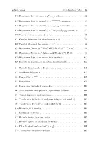 Lista de Figuras                                                    www.das.ufsc.br/labsil        12

                                                2
                                               ωn
   4.16 Diagrama de Bode do termo        s2 +2ξωn s+ωn
                                                     2   e ass´
                                                              ıntotas . . . . . . . . . . . .     92

                                                   0.01(0.1s+1)
   4.17 Diagrama de Bode do termo G1 (s) =               s
                                                                  e ass´
                                                                       ıntotas   . . . . . . .    94
                                                   1
   4.18 Diagrama de Bode do termo G2 (s) = G1 (s) s+1 e ass´
                                                           ıntotas . . . . . . . .                94
                                                         1
   4.19 Diagrama de Bode do termo G(s) = G2 (s) 10−4 s2 +10−2 s+1 e ass´
                                                                       ıntotas . . .              95

   4.20 Circuito de fase n˜o m´
                          a   ınima (r2 > r1 ) . . . . . . . . . . . . . . . . . . . .            95

   4.21 Caso (a): Sistema de fase n˜o m´
                                   a   ınima (r2 > r1 ) . . . . . . . . . . . . . .               96

   4.22 Caso (b): Sistema de fase m´
                                   ınima (r2 < r1 ) . . . . . . . . . . . . . . . . .             97

   4.23 Diagrama de Nyquist de G1 (2πf ), G2 (2πf ), G3 (2πf ), G4 (2πf ) . . . . .               98

   4.24 Diagrama de Nyquist de H1 (2πf ), H2 (2πf ), H3 (2πf ), H4 (2πf )              . . . .    99

   4.25 Diagrama de Bode de um sistema linear invariante . . . . . . . . . . . . .               100

   4.26 Resposta em frequˆncia de um sistema linear invariante . . . . . . . . . .
                         e                                                                       100


   5.1   Operador Transformada de Fourier e seu inverso . . . . . . . . . . . . . .              101

   5.2   Sinal Porta de largura τ . . . . . . . . . . . . . . . . . . . . . . . . . . .          105
                           sen(x)
   5.3   Fun¸ao Sa(x) =
            c˜               x
                                    . . . . . . . . . . . . . . . . . . . . . . . . . . . .      105

   5.4   Fun¸ao Sinal . . . . . . . . . . . . . . . . . . . . . . . . . . . . . . . . . .
            c˜                                                                                   107

   5.5   Fun¸ao onda quadrada de per´
            c˜                      ıodo 2π. . . . . . . . . . . . . . . . . . . . .             110

   5.6   Aproxima¸˜o de sinais pela s´rie trigonom´trica de Fourier. . . . . . . . .
                 ca                  e            e                                              111

   5.7   Trem de impulsos e sua transformada . . . . . . . . . . . . . . . . . . . .             111

   5.8   Transformada de Fourier do sinal porta de largura unit´ria G1 (t). . . . .
                                                               a                                 113

   5.9   Transformada de Fourier do sinal cos(100t)G1 (t). . . . . . . . . . . . . .             114

   5.10 Demodula¸˜o de um sinal . . . . . . . . . . . . . . . . . . . . . . . . . .
                ca                                                                               114

   5.11 Sinal linear por trechos . . . . . . . . . . . . . . . . . . . . . . . . . . . .         115

   5.12 Derivada do sinal linear por trechos . . . . . . . . . . . . . . . . . . . . .           115

   5.13 Derivada segunda do sinal linear por trechos . . . . . . . . . . . . . . . .             116
                                                     1
   5.14 Filtro de primeira ordem com F (s) =        s+1
                                                          . . . . . . . . . . . . . . . . . .    117

   5.15 Transmiss˜o e recupera¸ao de sinais . . . . . . . . . . . . . . . . . . . . .
                 a            c˜                                                                 119
 