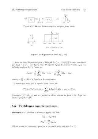 5.5. Problemas complementares                                                                  www.das.ufsc.br/labsil   123

                                                                                                   F (ω)
                                                                                                      1
                  x(t)                    R(ω)      Rs (ω)                        y(t)
                            F (ω)                            Ta F (ω)                                       ω
                                                     1
                                             Ta =   80
                                                                                               −70π       70π


                 Figura 5.20: Sistema de amostragem e recupera¸ao de sinais
                                                              c˜


                                                                        1         F (ω)
                            X(ω)
                                  1
                                 50                                         X(ω)

                                      ω                                                        ω
                         −50π     50π                    −70π −50π          50π          70π
                                (a)
                                                             R(ω) = X(ω)F (ω) = X(ω)

                                                                        (b)


                                Figura 5.21: Espectro dos sinais x(t), r(t)


 O sinal na sa´da do primeiro ﬁltro ´ dado por R(ω) = X(ω)F (ω) de onde conclu´
              ı                     e                                         ımos
que R(ω) = X(ω). Veja ﬁgura 5.21. O espectro Rs (ω) do sinal amostrado Rs (t) est´
                                                                                 a
indicado na ﬁgura 5.22 e ´ dado por
                         e
                                             ∞                                       ∞
                              1                                1
                     Rs (ω) =                    R(ω − nωa ) =                                 X(ω − nωa )
                              Ta            n=−∞
                                                               Ta                  n=−∞

            2π
onde ωa =   Ta
                 = 160π ´ a frequˆncia de amostragem.
                        e        e

  O espectro do sinal ap´s o segundo ﬁltro ´ dado por
                        o                  e
                                                             ∞
                                                                              1
                 Y (ω) = Ta F (ω)Rs (ω) =                         Ta F (ω)       X(ω − nωa ) = X(ω)
                                                          n=−∞
                                                                              Ta

O produto Ta F (ω)Rs (ω) pode ser facilmente obtido atrav´s da ﬁgura 5.22. Logo con-
                                                         e
clu´
   ımos que y(t) = x(t).



5.5     Problemas complementares

Problema 5.5 Considere o sistema da ﬁgura 5.23 onde

                                                    x(t) = τ Sa (τ t/2)
                                                                 2π
                                                 F (ω) =            G2ωa (ω)
                                                                 ωa
Calcule o valor da constante τ para que a energia do sinal y(t) seja E = 2π.
 