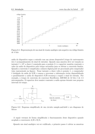 6.1. Introdu¸˜o
            ca                                                 www.das.ufsc.br/labsil   127

        c´digo bin´rio
         o        a

        1111     -
        1110     -
        1101     -
        1100     -
        1011     -
        1010     -
        1001     -
        1000     -
        0111     -
        0110     -
        0101     -
        0100    --
                -
        0011     -
        0010     -
        0001     -
        0000
                0                             5                                   10
                                                             tens˜o anal´gica
                                                                 a      o

Figura 6.1: Representa¸˜o de um sinal de tens˜o anal´gico n˜o negativo em c´digo bin´rio
                      ca                     a      o      a               o        a
de 4 bits


sa´ do dispositivo segue a entrada com um atraso despres´ (etapa de rastreamento
   ıda                                                    ıvel
isto ´ acompanhamento do sinal de entrada). Quando uma amostra deve ser tomada no
     e
instante t = kT a chave ´ comutada para a posi¸ao 2 e o capacitor mant´m constante o
                         e                    c˜                       e
valor da sa´ do dispositivo pelo tempo necess´rio para se efetuar a convers˜o bin´ria.
           ıda                               a                             a     a
Quando a convers˜o ´ completada o n´mero digital pode ser processado pelo computador
                 a e               u
(n˜o representado na ﬁgura). Nesse instante a chave volta ` posi¸ao 1, o computador
   a                                                       a     c˜
´ desligado da sa´ do S/H e come¸a a processar a informa¸ao rec´m disponibilizada
e                ıda               c                         c˜     e
e paralelamente a sa´ do dispositivo S/H recome¸a a seguir o sinal de entrada. Por
                     ıda                          c
exemplo, o tempo de convers˜o do conversor BurrBrown ADC803 de 12 bits ´ de 1.5
                             a                                               e
microsegundos. O capacitor deve manter constante a sa´ apenas durante esse pequeno
                                                     ıda
intervalo de tempo.
                                 R


                                 C

                                              Vin
            R                                                                    Vout
                         1                    sinal de controle           S/H

  Vin                2       s       Vout         da chave



Figura 6.2: Esquema simpliﬁcado de um circuito sample-and-hold e seu diagrama de
blocos



  A seguir veremos de forma simpliﬁcada o funcionamento desse dispositivo quando
acoplado a conversores A/D e D/A.

  Quando um sinal anal´gico vai ser codiﬁcado, o primeiro passo ´ coletar as amostras
                      o                                         e
 