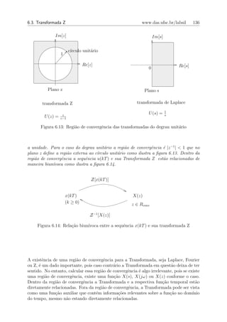 6.3. Transformada Z                                          www.das.ufsc.br/labsil      136

              Im[z]                                                  Im[s]


                         c´
                          ırculo unit´rio
                                     a
                   1

                                 Re[z]                                           Re[s]
                                                                 0



          Plano z                                              Plano s

       transformada Z                                     transformada de Laplace
                                                                             1
                    z                                            U (s) =     s
         U (z) =   z−1

       Figura 6.13: Regi˜o de convergˆncia das transformadas do degrau unit´rio
                        a            e                                     a



a unidade. Para o caso do degrau unit´rio a regi˜o de convergˆncia ´ |z −1 | < 1 que no
                                       a          a            e     e
plano z deﬁne a regi˜o externa ao c´rculo unit´rio como ilustra a ﬁgura 6.13. Dentro da
                    a              ı          a
regi˜o de convergˆncia a sequˆncia u(kT ) e sua Transformada Z est˜o relacionadas de
    a            e           e                                       a
maneira biun´voca como ilustra a ﬁgura 6.14.
             ı


                                     Z[x(kT )]


                       x(kT )                           X(z)
                       (k ≥ 0)                         z ∈ Rconv

                                    Z −1 [X(z)]

     Figura 6.14: Rela¸˜o biun´
                      ca      ıvoca entre a sequˆncia x(kT ) e sua transformada Z
                                                e




A existˆncia de uma regi˜o de convergˆncia para a Transformada, seja Laplace, Fourier
        e                a              e
ou Z, ´ um dado importante, pois caso contr´rio a Transformada em quest˜o deixa de ter
      e                                      a                              a
sentido. No entanto, calcular essa regi˜o de convergˆncia ´ algo irrelevante, pois se existe
                                       a            e     e
uma regi˜o de convergˆncia, existe uma fun¸ao X(s), X(jω) ou X(z) conforme o caso.
          a            e                      c˜
Dentro da regi˜o de convergˆncia a Transformada e a respectiva fun¸ao temporal est˜o
              a              e                                          c˜                a
diretamente relacionadas. Fora da regi˜o de convergˆncia, a Transformada pode ser vista
                                       a            e
como uma fun¸ao auxiliar que cont´m informa¸˜es relevantes sobre a fun¸ao no dom´
              c˜                    e            co                        c˜           ınio
do tempo, mesmo n˜o estando diretamente relacionadas.
                    a
 
