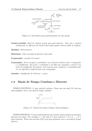 1.4. Sinais de Tempo Cont´
                         ınuo e Discreto                                         www.das.ufsc.br/labsil   17

                                                                              posi¸ao
                                                                                  c˜
                                                                              da antena
                                                                               c(t)
                           potenciˆmetro
                                  o                 comparador
                                                                      potenciˆmetro
                                                                             o
                                          Vr (t)             Vc (t)
                         referˆncia
                              e
                           r(t)                  erro e(t)
                                      ampliﬁcador                       engrenagem
                                      de potˆncia
                                            e
                                                                        motor DC
                                                     Ea (t)




             Figura 1.4: Servomotor para posicionamento de uma antena



Vari´vel medida: Sinal de medi¸˜o gerado pelo potenciˆmetro. Note que a vari´vel
    a                             ca                     o                        a
     medida pode ser diferente da vari´vel observada quando existem ru´
                                      a                               ıdos de medi¸˜o.
                                                                                  ca

Medidor: Potenciˆmetro
                o

Referˆncia: Valor desejado da grandeza observada
     e

Comparador: somador de tens˜es
                           o

Controlador: Nesse exemplo o controlador ´ um elemento unit´rio entre o comparador
                                          e                 a
    e o ampliﬁcador. Em geral, o controlador ´ um ﬁltro que manipula o sinal de erro
                                             e
    antes do ampliﬁcador de potˆncia. Em sistemas mais complexos o controlador pode
                               e
    ser um algor´timo implementado num computador.
                ı

Atuador: Ampliﬁcador de Potˆncia + motor
                           e



1.4     Sinais de Tempo Cont´
                            ınuo e Discreto

   TEMPO CONT´      INUO: t ´ uma vari´vel cont´
                              e         a        ınua. Nesse caso um sinal f (t) ser´ um
                                                                                    a
sinal anal´gico, isto ´, um sinal de tempo cont´
          o           e                        ınuo.

                                          f(t)

                                  Ref.



                                      0                                   t

               Figura 1.5: Vari´vel de tempo cont´
                               a                 ınuo (sinal anal´gico)
                                                                 o


  TEMPO DISCRETO: t ´ uma vari´vel discreta que assume valores apenas em instantes
                         e         a
discretos do tempo. Por exemplo, t = kT onde k ´ uma vari´vel k = 0, 1, 2, . . . e T ´
                                                   e          a                        e
uma constante. Nesse caso um sinal f (kT ) ser´ uma sequˆncia, isto ´, um sinal de tempo
                                              a         e           e
discreto.
 