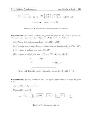 6.12. Problemas Complementares                                     www.das.ufsc.br/labsil   170

               x1 = x2
               ˙                               x1 (k + 1) = x2 (k)
        (a)                            (b)
               x2 = −x1 − x2 + e
               ˙                               x2 (k + 1) = −x1 (k) − x2 (k) + e(k)
                               e                              x1
                                             sistema



                Figura 6.33: Caracteriza¸ao entrada/sa´ dos sistemas
                                        c˜            ıda


Problema 6.11 Considere o sistema da ﬁgura 6.34. Seja x(t) um sinal de tens˜o con-
                                                                           a
stante por trechos, isto ´, x(t) = x(kT ) para kT ≤ t < kT + T . Pede-se:
                         e

  (a) A fun¸˜o de transferˆncia pulsada entre x(kT ) e v(kT ).
           ca             e

  (b) A equa¸˜o recursiva que descreve o comportamento dinˆmico entre x(kT ) e v(kT ).
            ca                                            a

  (c) A resposta de entrada zero para v(0) = 1V .

  (d) A resposta de estado zero para x(kT ) = e−2kT , x(k) = 0, ∀k < 0.

                       +                                       +
                                       R
                       x(t)                              C          v(t)


                       -                                       -


        Figura 6.34: Entrada: tens˜o x(t) ; sa´
                                  a           ıda: tens˜o v(t) ; R=1 Ω, C=1 F
                                                       a



Problema 6.12 Calcule a resposta y(kT ) de regime permanente no sistema da ﬁgura
6.35.

  a) para x(k) um degrau unit´rio.
                             a

  b) para x(k) = sen(10k)

               +
                                                    1                   1
                                   ZOH(s)          s+1                 s+2
        x(t)       -                                         T=1seg
                       T=1seg                                                     y(t)




                              Figura 6.35: Sistema de controle
 