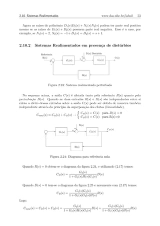 2.10. Sistemas Realimentados                                                www.das.ufsc.br/labsil   53


  Agora as ra´ do polinˆmio D1 (s)D2 (s) + N1 (s)N2 (s) podem ter parte real positiva
             ızes           o
mesmo se as ra´ ızes de D1 (s) e D2 (s) possuem parte real negativa. Esse ´ o caso, por
                                                                          e
exemplo, se N1 (s) = 2, N2 (s) = −1 e D1 (s) = D2 (s) = s + 1.


2.10.2     Sistemas Realimentados em presen¸a de dist´ rbios
                                           c         u

                Referˆncia
                     e                                       D(s) Dist´rbio
                                                                      u
                 R(s)                                    +                                 C(s)
                                                     +                   G2 (s)
                       +                G1 (s)
                        -



                                                         H(s)



                      Figura 2.23: Sistema realimentado perturbado


  No esquema acima, a sa´ C(s) ´ afetada tanto pela referˆncia R(s) quanto pela
                            ıda       e                          e
perturba¸ao D(s). Quando as duas entradas R(s) e D(s) s˜o independentes entre si
        c˜                                                     a
ent˜o o efeito dessas entradas sobre a sa´ C(s) pode ser obtido de maneira tamb´m
   a                                     ıda                                   e
independente atrav´s do princ´
                   e          ıpio da superposi¸˜o dos efeitos (Linearidade).
                                               ca
                                                        CR (s) = C(s) para D(s) = 0
             Ctotal (s) = CR (s) + CD (s) →
                                                        CD (s) = C(s) para R(s)=0

                                                     D(s)
                                                 +                                CD (s)
                                             +                  G2 (s)
                               G1 (s)
                  -



                                                 H(s)



                        Figura 2.24: Diagrama para referˆncia nula
                                                        e


  Quando R(s) = 0 obtem-se o diagrama da ﬁgura 2.24, e utilizando (2.17) temos:
                                                  G2 (s)
                             CD (s) =                          D(s)
                                          1 + G2 (s)H(s)G1 (s)

  Quando D(s) = 0 tem-se o diagrama da ﬁgura 2.25 e novamente com (2.17) temos:
                                              G1 (s)G2 (s)
                             CR (s) =                          R(s)
                                          1 + G1 (s)G2 (s)H(s)
Logo:
                                            G2 (s)                  G1 (s)G2 (s)
   Ctotal (s) = CD (s) + CR (s) =                        D(s) +                      R(s)
                                    1 + G2 (s)H(s)G1 (s)        1 + G1 (s)G2 (s)H(s)
 