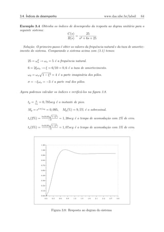 3.4. ´
     Indices de desempenho                                             www.das.ufsc.br/labsil   64


Exemplo 3.4 Obtenha os ´
                       ındices de desempenho da resposta ao degrau unit´rio para o
                                                                       a
seguinte sistema:
                              C(s)        25
                                   = 2
                              R(s)    s + 6s + 25

  Solu¸˜o: O primeiro passo ´ obter os valores da frequˆncia natural e da taxa de amortec-
      ca                    e                          e
imento do sistema. Comparando o sistema acima com (3.1) temos:

           2
     25 = ωn → ωn = 5 ´ a frequˆncia natural.
                      e        e

     6 = 2ξωn → ξ = 6/10 = 0, 6 ´ a taxa de amortecimento.
                                e

     ωd = ωn       1 − ξ 2 = 4 ´ a parte imagin´ria dos p´los.
                               e               a         o

     σ = −ξωn = −3 ´ a parte real dos p´los.
                   e                   o


Agora podemos calcular os ´
                          ındices e veriﬁc´-los na ﬁgura 3.8.
                                          a

            π
     tp =   ωd
                 = 0, 785seg ´ o instante de pico.
                             e

     Mp = eπ σ/ωd = 0, 095, Mp (%) = 9, 5% ´ o sobressinal.
                                                 e
                      √
               ln(0,02 1−ξ 2 )
     ts (2%) =       −3
                               = 1, 38seg ´ o tempo de acomoda¸˜o com 2% de erro.
                                          e                   ca
                      √
               ln(0,05 1−ξ 2 )
     ts (5%) =       −3
                               = 1, 07seg ´ o tempo de acomoda¸˜o com 5% de erro.
                                          e                   ca




                  1.20


                  1.08


                  0.96


                  0.84


                  0.72


                  0.60


                  0.48


                  0.36


                  0.24


                  0.12


                  0.00 +
                     0.0   0.3   0.6   0.9   1.2   1.5   1.8   2.1   2.4   2.7   3.0




                           Figura 3.8: Resposta ao degrau do sistema
 