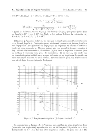 4.1. Resposta Senoidal em Regime Permanente                                    www.das.ufsc.br/labsil         83


com B = A |G(jω0 )| , φ = ∠G(jω0 ) e G(jω0 ) = G(s) para s = jω0 .
                                                   2
                                                  ωn
                                G(jω0 ) =   2    2
                                          −ω0 + ωn + j2ξω0 ωn
                                                 2
                                                ωn                                     2ξω0 ωn
                 |G(jω0 )| =                                          ; φ = −tan−1 [    2     2
                                                                                                ]
                                 2
                               (ωn −       2
                                          ω0 )2       + (2ξω0 ωn )2                    ωn − ω0
A ﬁgura 4.7 mostra as fun¸˜es |G(jω0 )| (em decibel) e ∠G(jω0 ) (em graus) para a faixa
                         co
de frequˆncia 10 ≤ w0 ≤ 105 (em Hertz) e trˆs valores distintos da resistˆncia: (a)
        e       2
                                               e                            e
R = 10Ω; (b) R = 100Ω; (c) R = 1KΩ.

   Pela ﬁgura 4.7 podemos notar que no caso (a) o m´dulo (em decibel) aumenta numa
                                                         o
certa faixa de frequˆncia. Isto implica que as sen´ides de entrada nessa faixa de frequˆncia
                    e                             o                                    e
s˜o ampliﬁcadas. Esse fenˆmeno de ampliﬁca¸˜o da amplitude da sen´ide de entrada ´
 a                          o                    ca                       o                e
conhecido como ressonˆncia. Veremos adiante que essa ampliﬁca¸˜o ocorre pr´ximo `
                        a                                            ca             o      a
freq. natural n˜o amortecida ωn do sistema. A freq. onde a amplitude ´ m´xima (pico
                a                                                           e a
do m´dulo) ´ conhecida como freq. de ressonˆncia. J´ no caso (c) n˜o existe pico
      o       e                                    a        a                a
de ressonˆncia pois o m´dulo decai sempre indicando que as amplitudes da sen´ides de
          a               o                                                         o
sa´da s˜o sempre menores que as da entrada. Veremos tamb´m que o pico de ressonˆncia
   ı    a                                                      e                       a
depende do fator de amortecimento do sistema.

                                                      Magnitude
       40         db
                                                (a)
       20

        0
                                                (b)
      -20
                                                (c)
      -40

      -60
                                                                                                         Hz
      -80
            2                         3                                    4                         5
       10                        10                                   10                        10

                                                        Phase
        0       degrees
                                                (a)
      -20
      -40                                 (b)
      -60
      -80
     -100                                 (c)
     -120
     -140
     -160
                                                                                                         Hz
     -180
            2                         3                                    4                         5
       10                        10                                   10                        10


                   Figura 4.7: Resposta em frequˆncia (Bode) do circuito RLC
                                                e


  Se compararmos as ﬁguras 4.5 e 4.7 veremos que o m´dulo na altas frequˆncias decai
                                                     o                  e
(atenua¸˜o das amplitudes) segundo uma reta de inclina¸ao -20db/d´cada em 4.5 e -
       ca                                              c˜          e
40db/d´cada em 4.7. J´ a fase nas altas frequˆncias tende ` -90 graus em 4.5 e -180
       e              a                      e            a
 