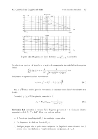 4.3. Constru¸˜o do Diagrama de Bode
            ca                                                                  www.das.ufsc.br/labsil     92

                                                  Magnitude
                20      db
                                                         ξ = 0.1
                10
                 0
                                                ass´
                                                   ıntotas
                -10
                                                         ξ=5
                -20
                -30
                -40
                                                                                                 Hz
                -50
                  0.1 ωn                               ωn                                10 ωn

                                                    Phase
                  0   degrees
                -20
                -40                ass´
                                      ıntotas
                -60
                -80
                                                                    ξ=5
               -100
               -120
               -140
                                                             ξ = 0.1
               -160
                                                                                                 Hz
               -180
                  0.1 ωn                               ωn                                10 ωn

                                                                               2
                                                                              ωn
           Figura 4.16: Diagrama de Bode do termo                       s2 +2ξωn s+ωn
                                                                                    2   e ass´
                                                                                             ıntotas



frequˆncia de quebra. A frequˆncia e o pico de ressonˆncia s˜o calculados da seguinte
     e                        e                         a      a
forma:
                   d                d              1
                     |G(jω)| = 0 ⇒    [                            ]=0
                  dω               dω    [1 − ( ω )2 ]2 + [2ξ ω ]2 ωn             ωn

Resolvendo a express˜o acima encontramos
                    a
                                                                            √
                                                                              2
                                    ωr = ωn      1−   2ξ 2    , 0≤ξ≤                                     (4.1)
                                                                             2

           √
  Se ξ >       2/2 n˜o haver´ pico de ressonˆncia e o m´dulo decai monotonicamente de 1
                    a       a               a          o
` zero.
a
                           √
  Quando 0 ≤ ξ ≤               2/2 o pico de ressonˆncia ´:
                                                   a     e

                                                                        1
                                     Mr = |G(jω)|ω=ωr =                                                  (4.2)
                                                                   2ξ   1 − ξ2


Problema 4.2 Considere o circuito RLC da ﬁgura 4.6 com R = 0 (oscilador ideal) e
suponha L = 0.01H, C = 1µF . Para esse sistema pede-se:


  1. A fun¸˜o de transferˆncia G(s) do oscilador e seus p´los.
          ca             e                               o

  2. Os diagramas de Bode da fun¸˜o G(jω).
                                ca

  3. Explique porque n˜o se pode obter a resposta em frequˆncia desse sistema, isto ´,
                       a                                   e                        e
     porque nesse caso falham as rela¸˜es indicadas nas ﬁguras 4.2 e 4.3.
                                     co
 