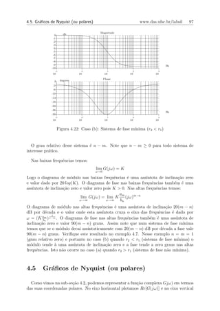 4.5. Gr´ﬁcos de Nyquist (ou polares)
       a                                                      www.das.ufsc.br/labsil   97

                                         Magnitude
               0      db
              -1
              -2
              -3
              -4
              -5
              -6
              -7
              -8
              -9                                                              Hz
             -10
               -1               0              1          2             3
              10              10             10          10           10

                                             Phase
               2    degrees
              -2
              -6
             -10
             -14
             -18
             -22
             -26
                                                                              Hz
             -30
               -1               0              1          2             3
              10              10             10          10           10


                   Figura 4.22: Caso (b): Sistema de fase m´
                                                           ınima (r2 < r1 )


   O grau relativo desse sistema ´ n − m. Note que n − m ≥ 0 para todo sistema de
                                 e
interesse pr´tico.
            a

  Nas baixas frequˆncias temos:
                  e
                                       lim G(jω) = K
                                       ω→0

Logo o diagrama de m´dulo nas baixas frequˆncias ´ uma ass´
                        o                      e      e         ıntota de inclina¸ao zero
                                                                                 c˜
e valor dado por 20 log(K). O diagrama de fase nas baixas frequˆncias tamb´m ´ uma
                                                                   e            e e
ass´
   ıntota de inclina¸˜o zero e valor zero pois K > 0. Nas altas frequˆncias temos:
                    ca                                               e
                                                  am
                              lim G(jω) = lim K (jω)m−n
                             ω→∞           ω→∞    bn
O diagrama de m´dulo nas altas frequˆncias ´ uma ass´
                    o                    e       e        ıntota de inclina¸ao 20(m − n)
                                                                           c˜
dB por d´cada e o valor onde esta ass´
           e                              ıntota cruza o eixo das frequˆncias ´ dado por
                                                                       e      e
              1
          am n−m
ω = (K bn )      . O diagrama de fase nas altas frequˆncias tamb´m ´ uma ass´
                                                       e           e e          ıntota de
inclina¸˜o zero e valor 90(m − n) graus. Assim note que num sistema de fase m´
        ca                                                                          ınima
temos que se o m´dulo decai assintoticamente com 20(m − n) dB por d´cada a fase vale
                   o                                                     e
90(m − n) graus. Veriﬁque este resultado no exemplo 4.7. Nesse exemplo n = m = 1
(grau relativo zero) e portanto no caso (b) quando r2 < r1 (sistema de fase m´   ınima) o
m´dulo tende ` uma ass´
  o             a         ıntota de inclina¸˜o zero e a fase tende a zero graus nas altas
                                            ca
frequˆncias. Isto n˜o ocorre no caso (a) quando r2 > r1 (sistema de fase n˜o m´
      e              a                                                      a   ınima).



4.5     Gr´ﬁcos de Nyquist (ou polares)
          a

  Como vimos na sub-se¸ao 4.2, podemos representar a fun¸ao complexa Gjω) em termos
                       c˜                               c˜
das suas coordenadas polares. No eixo horizontal plotamos Re[G(jω)] e no eixo vertical
 