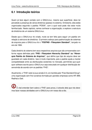 Linux Force – www.linuxforce.com.br FHS, Hierarquia dos Diretórios
6.1 Introdução teórica
Quem já teve algum contato com o GNU/Linux, mesmo que superﬁcial, deve ter
percebido a presença de vários diretórios (pastas) no sistema. Entretanto, eles estão
organizados seguindo o padrão “POSIX”, com o qual você pode não estar muito
familiarizado. Neste capítulo, vamos conhecer a organização, e explorar a estrutura
de diretórios de um sistema GNU/Linux.
Desde que o GNU/Linux foi criado, muito se tem feito para seguir um padrão em
relação à estrutura de diretórios. O primeiro esforço para padronização de sistemas
de arquivos para o GNU/Linux foi o “FSSTND - Filesystem Standard”, lançado no
ano de 1994.
Cada diretório do sistema tem seus respectivos arquivos que são armazenados con-
forme regras deﬁnidas pela “FHS - Filesystem Hierarchy Standard” ou “Hierar-
quia Padrão do Sistema de Arquivos”, que deﬁne que tipo de arquivo deve ser
guardado em cada diretório. Isso é muito importante, pois o padrão ajuda a manter
compatibilidade entre as distribuições existentes no mercado, permitindo que qual-
quer software escrito para o GNU/Linux seja executado em qualquer distribuição de-
senvolvida de acordo com os padrões “FHS”.
Atualmente, o ”FHS” está na sua versão 2.3, e é mantido pelo “Free Standard Group",
uma organização sem ﬁns lucrativos formada por grandes empresas como HP, IBM,
RedHat e Dell.
É vital entender bem sobre a “FHS” para prova, é através dela que nós deve-
mos fazer nossas atividades com o GNU/Linux em nosso dia-a-dia.
Linux ONE Página 84
 