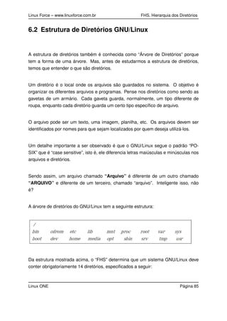 Linux Force – www.linuxforce.com.br FHS, Hierarquia dos Diretórios
6.2 Estrutura de Diretórios GNU/Linux
A estrutura de diretórios também é conhecida como “Árvore de Diretórios” porque
tem a forma de uma árvore. Mas, antes de estudarmos a estrutura de diretórios,
temos que entender o que são diretórios.
Um diretório é o local onde os arquivos são guardados no sistema. O objetivo é
organizar os diferentes arquivos e programas. Pense nos diretórios como sendo as
gavetas de um armário. Cada gaveta guarda, normalmente, um tipo diferente de
roupa, enquanto cada diretório guarda um certo tipo especíﬁco de arquivo.
O arquivo pode ser um texto, uma imagem, planilha, etc. Os arquivos devem ser
identiﬁcados por nomes para que sejam localizados por quem deseja utilizá-los.
Um detalhe importante a ser observado é que o GNU/Linux segue o padrão “PO-
SIX” que é “case sensitive”, isto é, ele diferencia letras maiúsculas e minúsculas nos
arquivos e diretórios.
Sendo assim, um arquivo chamado “Arquivo” é diferente de um outro chamado
“ARQUIVO” e diferente de um terceiro, chamado “arquivo”. Inteligente isso, não
é?
A árvore de diretórios do GNU/Linux tem a seguinte estrutura:
Da estrutura mostrada acima, o “FHS” determina que um sistema GNU/Linux deve
conter obrigatoriamente 14 diretórios, especiﬁcados a seguir:
Linux ONE Página 85
 