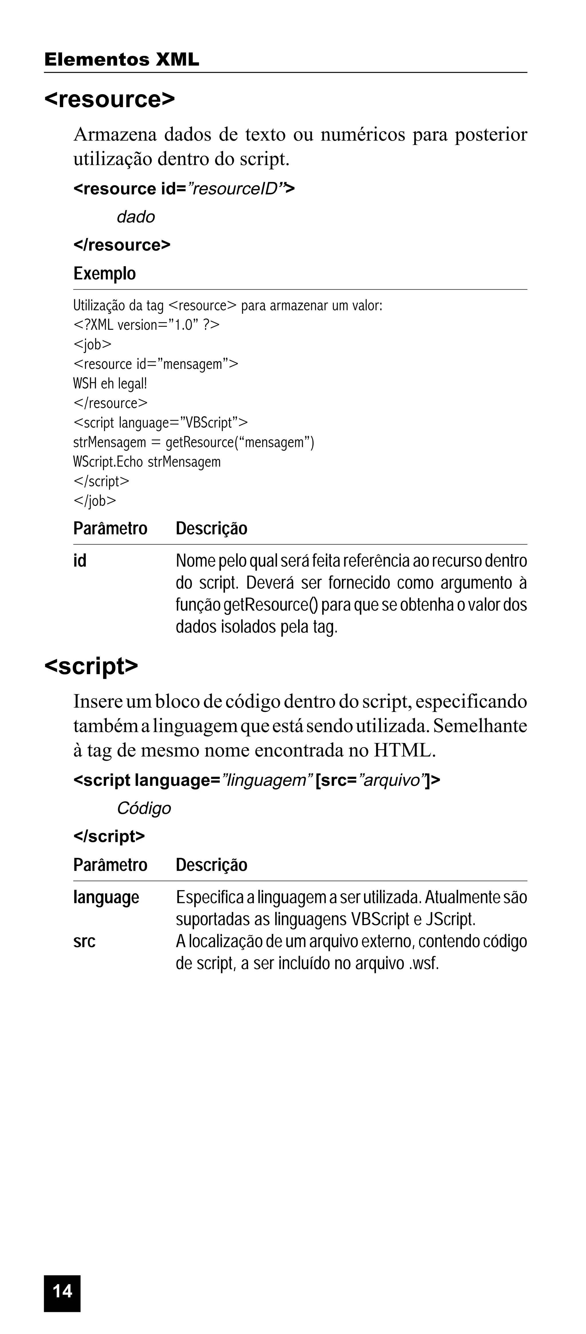 Elementos XML

<resource>
Armazena dados de texto ou numéricos para posterior
utilização dentro do script.
<resource id=”resourceID”>

dado
</resource>

Exemplo
Utilização da tag <resource> para armazenar um valor:
<?XML version=”1.0” ?>
<job>
<resource id=”mensagem”>
WSH eh legal!
</resource>
<script language=”VBScript”>
strMensagem = getResource(“mensagem”)
WScript.Echo strMensagem
</script>
</job>

Parâmetro

Descrição

id

Nome pelo qual será feita referência ao recurso dentro
do script. Deverá ser fornecido como argumento à
função getResource() para que se obtenha o valor dos
dados isolados pela tag.

<script>
Insere um bloco de código dentro do script, especificando
também a linguagem que está sendo utilizada. Semelhante
à tag de mesmo nome encontrada no HTML.
<script language=”linguagem” [src=”arquivo”]>

Código
</script>

Parâmetro

Descrição

language

Especifica a linguagem a ser utilizada. Atualmente são
suportadas as linguagens VBScript e JScript.
A localização de um arquivo externo, contendo código
de script, a ser incluído no arquivo .wsf.

src

14

 