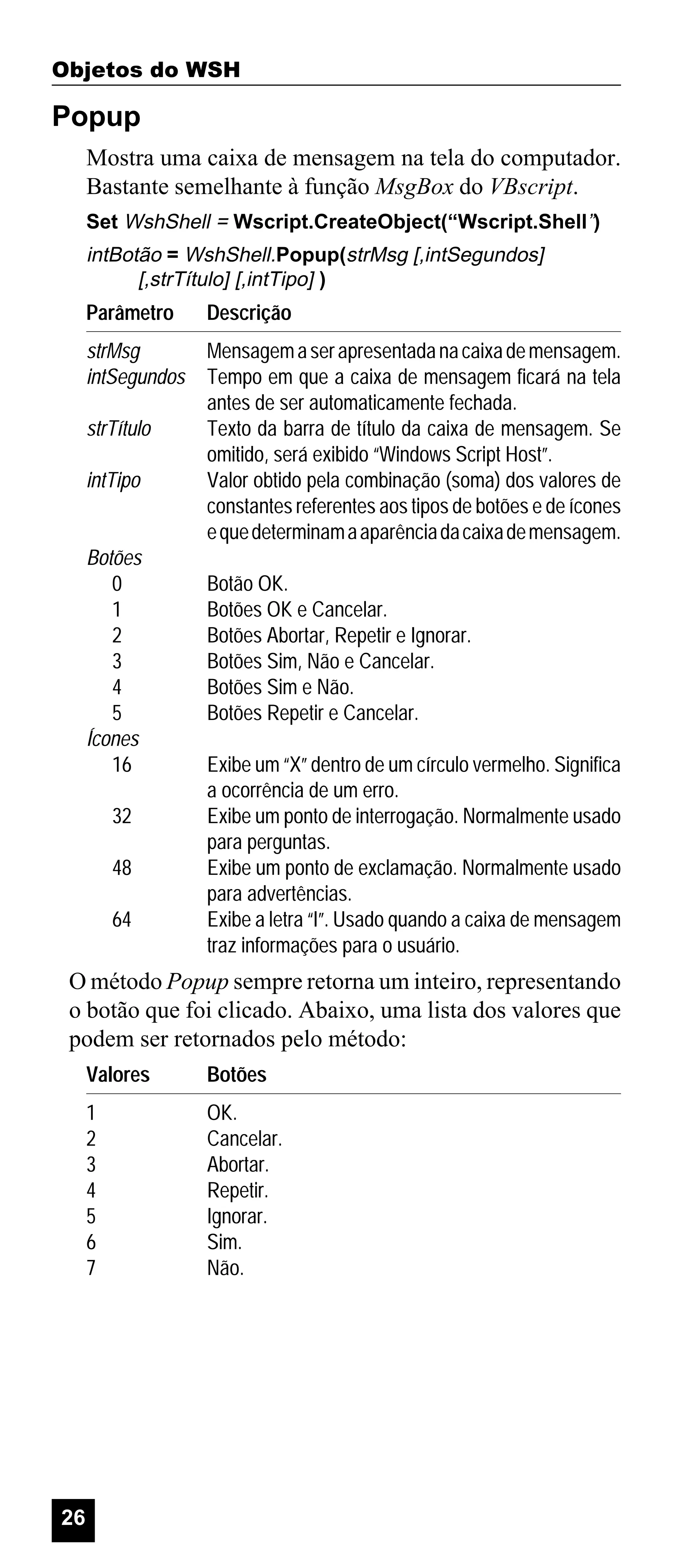 Objetos do WSH

Popup
Mostra uma caixa de mensagem na tela do computador.
Bastante semelhante à função MsgBox do VBscript.
Set WshShell = Wscript.CreateObject(“Wscript.Shell”)

intBotão = WshShell.Popup(strMsg [,intSegundos]
[,strTítulo] [,intTipo] )

Parâmetro

Descrição

strMsg
intSegundos

Mensagem a ser apresentada na caixa de mensagem.
Tempo em que a caixa de mensagem ficará na tela
antes de ser automaticamente fechada.
Texto da barra de título da caixa de mensagem. Se
omitido, será exibido “Windows Script Host”.
Valor obtido pela combinação (soma) dos valores de
constantes referentes aos tipos de botões e de ícones
e que determinam a aparência da caixa de mensagem.

strTítulo
intTipo

Botões
0
1
2
3
4
5
Ícones
16
32
48
64

Botão OK.
Botões OK e Cancelar.
Botões Abortar, Repetir e Ignorar.
Botões Sim, Não e Cancelar.
Botões Sim e Não.
Botões Repetir e Cancelar.
Exibe um “X” dentro de um círculo vermelho. Significa
a ocorrência de um erro.
Exibe um ponto de interrogação. Normalmente usado
para perguntas.
Exibe um ponto de exclamação. Normalmente usado
para advertências.
Exibe a letra “I”. Usado quando a caixa de mensagem
traz informações para o usuário.

O método Popup sempre retorna um inteiro, representando
o botão que foi clicado. Abaixo, uma lista dos valores que
podem ser retornados pelo método:
Valores
1
2
3
4
5
6
7

26

Botões
OK.
Cancelar.
Abortar.
Repetir.
Ignorar.
Sim.
Não.

 