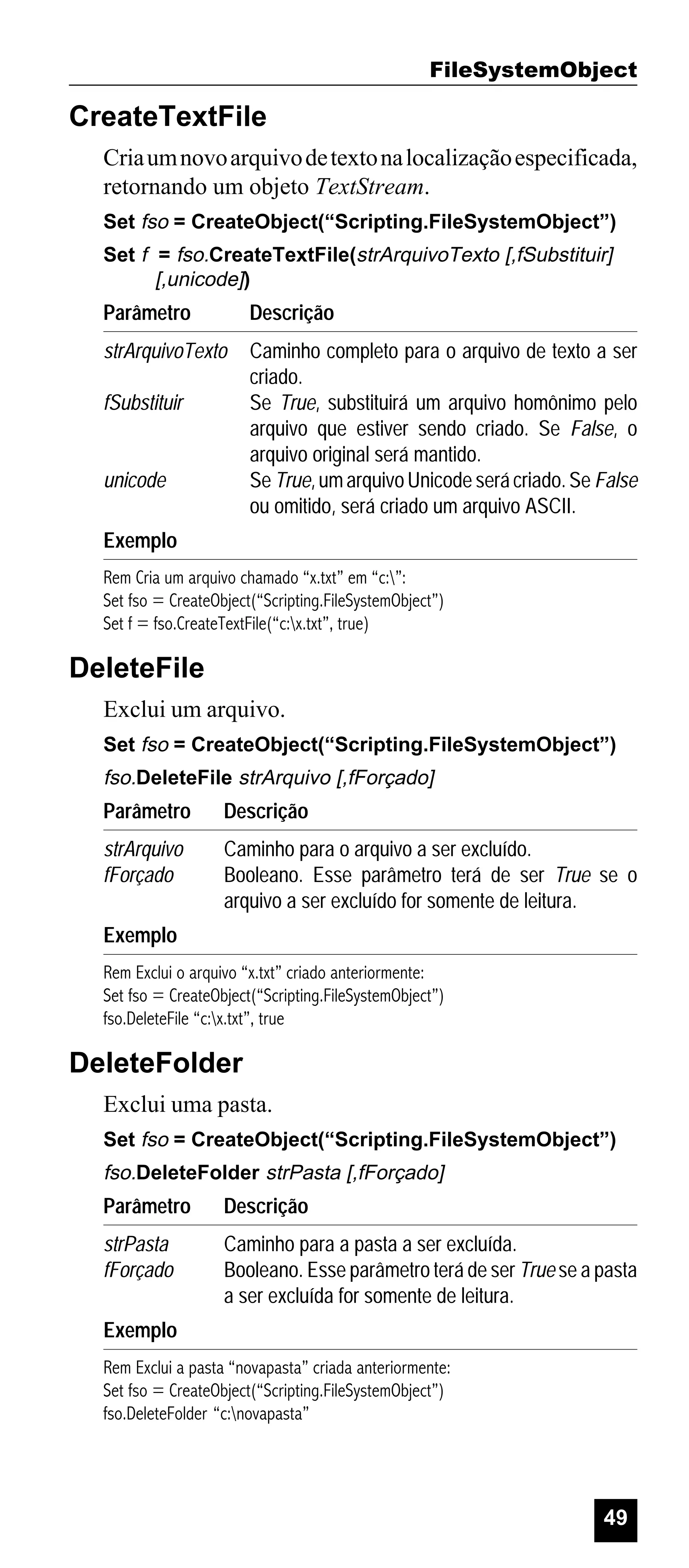 FileSystemObject

CreateTextFile
Cria um novo arquivo de texto na localização especificada,
retornando um objeto TextStream.
Set fso = CreateObject(“Scripting.FileSystemObject”)
Set f = fso.CreateTextFile(strArquivoTexto [,fSubstituir]
[,unicode])

Parâmetro

Descrição

strArquivoTexto

Caminho completo para o arquivo de texto a ser
criado.
Se True, substituirá um arquivo homônimo pelo
arquivo que estiver sendo criado. Se False, o
arquivo original será mantido.
Se True, um arquivo Unicode será criado. Se False
ou omitido, será criado um arquivo ASCII.

fSubstituir

unicode
Exemplo

Rem Cria um arquivo chamado “x.txt” em “c:”:
Set fso = CreateObject(“Scripting.FileSystemObject”)
Set f = fso.CreateTextFile(“c:x.txt”, true)

DeleteFile
Exclui um arquivo.
Set fso = CreateObject(“Scripting.FileSystemObject”)

fso.DeleteFile strArquivo [,fForçado]

Parâmetro

Descrição

strArquivo
fForçado

Caminho para o arquivo a ser excluído.
Booleano. Esse parâmetro terá de ser True se o
arquivo a ser excluído for somente de leitura.

Exemplo
Rem Exclui o arquivo “x.txt” criado anteriormente:
Set fso = CreateObject(“Scripting.FileSystemObject”)
fso.DeleteFile “c:x.txt”, true

DeleteFolder
Exclui uma pasta.
Set fso = CreateObject(“Scripting.FileSystemObject”)

fso.DeleteFolder strPasta [,fForçado]

Parâmetro

Descrição

strPasta
fForçado

Caminho para a pasta a ser excluída.
Booleano. Esse parâmetro terá de ser True se a pasta
a ser excluída for somente de leitura.

Exemplo
Rem Exclui a pasta “novapasta” criada anteriormente:
Set fso = CreateObject(“Scripting.FileSystemObject”)
fso.DeleteFolder “c:novapasta”

49

 