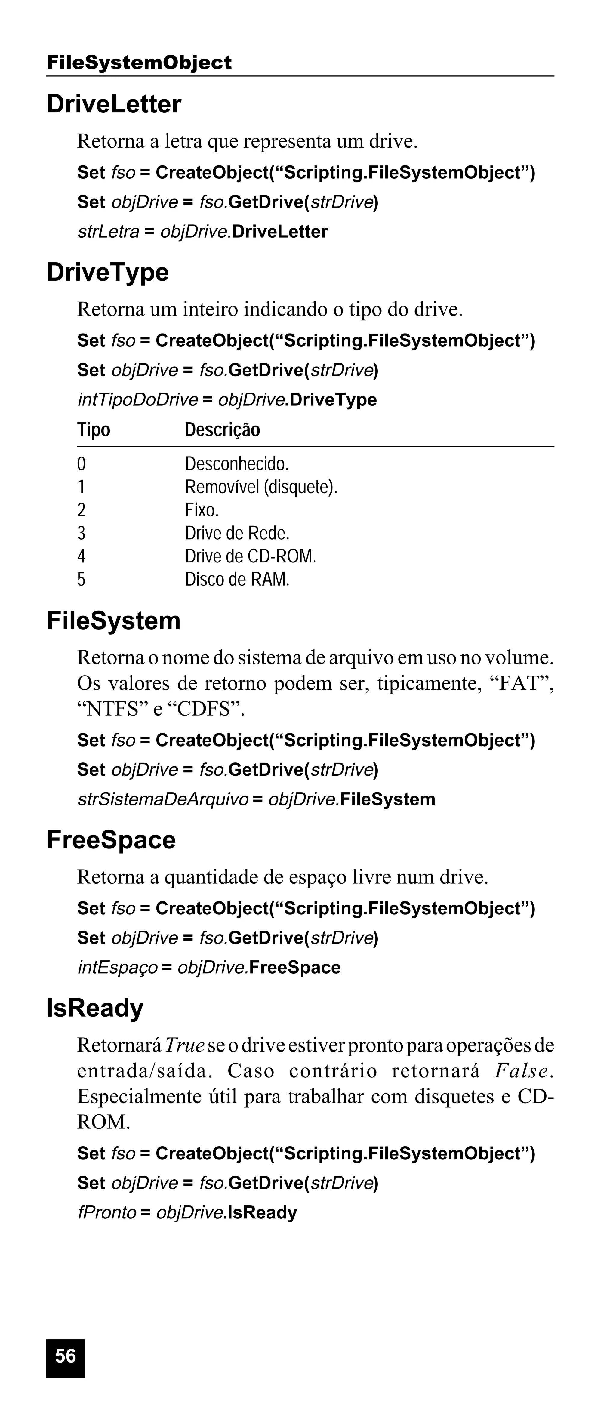 FileSystemObject

DriveLetter
Retorna a letra que representa um drive.
Set fso = CreateObject(“Scripting.FileSystemObject”)
Set objDrive = fso.GetDrive(strDrive)

strLetra = objDrive.DriveLetter

DriveType
Retorna um inteiro indicando o tipo do drive.
Set fso = CreateObject(“Scripting.FileSystemObject”)
Set objDrive = fso.GetDrive(strDrive)

intTipoDoDrive = objDrive.DriveType

Tipo

Descrição

0
1
2
3
4
5

Desconhecido.
Removível (disquete).
Fixo.
Drive de Rede.
Drive de CD-ROM.
Disco de RAM.

FileSystem
Retorna o nome do sistema de arquivo em uso no volume.
Os valores de retorno podem ser, tipicamente, “FAT”,
“NTFS” e “CDFS”.
Set fso = CreateObject(“Scripting.FileSystemObject”)
Set objDrive = fso.GetDrive(strDrive)

strSistemaDeArquivo = objDrive.FileSystem

FreeSpace
Retorna a quantidade de espaço livre num drive.
Set fso = CreateObject(“Scripting.FileSystemObject”)
Set objDrive = fso.GetDrive(strDrive)

intEspaço = objDrive.FreeSpace

IsReady
Retornará True se o drive estiver pronto para operações de
entrada/saída. Caso contrário retornará False.
Especialmente útil para trabalhar com disquetes e CDROM.
Set fso = CreateObject(“Scripting.FileSystemObject”)
Set objDrive = fso.GetDrive(strDrive)

fPronto = objDrive.IsReady

56

 