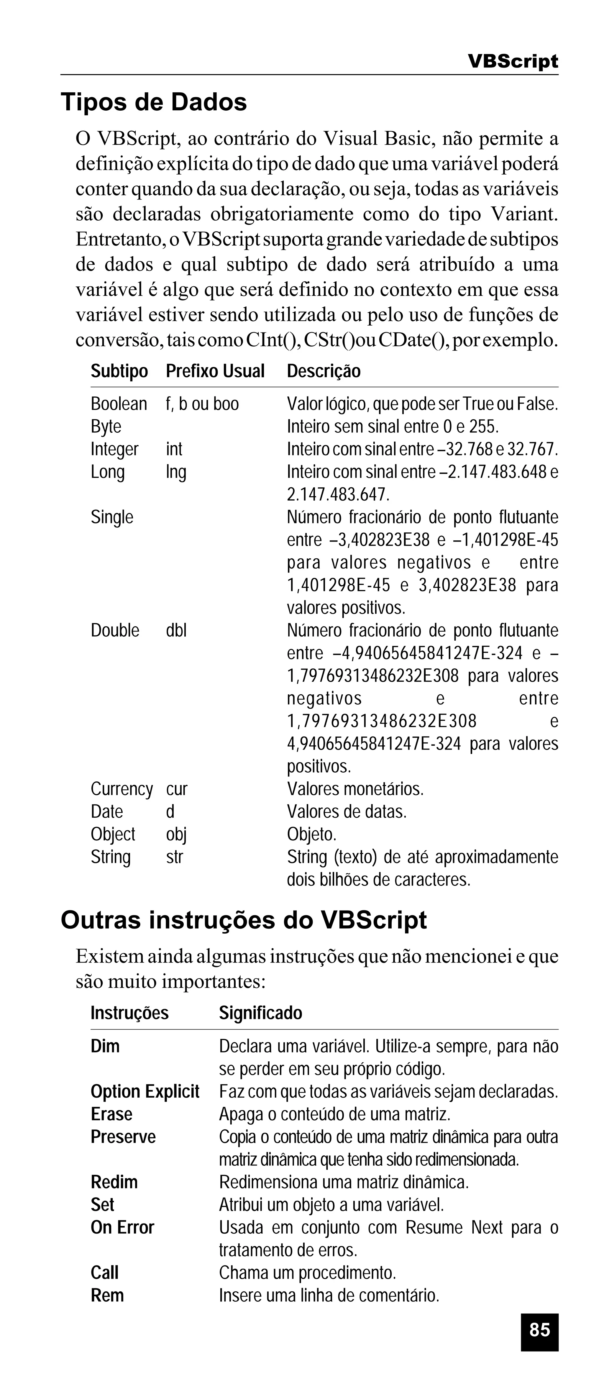 VBScript

Tipos de Dados
O VBScript, ao contrário do Visual Basic, não permite a
definição explícita do tipo de dado que uma variável poderá
conter quando da sua declaração, ou seja, todas as variáveis
são declaradas obrigatoriamente como do tipo Variant.
Entretanto, o VBScript suporta grande variedade de subtipos
de dados e qual subtipo de dado será atribuído a uma
variável é algo que será definido no contexto em que essa
variável estiver sendo utilizada ou pelo uso de funções de
conversão, tais como CInt(), CStr()ou CDate(), por exemplo.
Subtipo Prefixo Usual

Descrição

Boolean f, b ou boo
Byte
Integer int
Long
lng

Valor lógico, que pode ser True ou False.
Inteiro sem sinal entre 0 e 255.
Inteiro com sinal entre –32.768 e 32.767.
Inteiro com sinal entre –2.147.483.648 e
2.147.483.647.
Número fracionário de ponto flutuante
entre –3,402823E38 e –1,401298E-45
para valores negativos e
entre
1,401298E-45 e 3,402823E38 para
valores positivos.
Número fracionário de ponto flutuante
entre –4,94065645841247E-324 e –
1,79769313486232E308 para valores
negativos
e
entre
1,79769313486232E308
e
4,94065645841247E-324 para valores
positivos.
Valores monetários.
Valores de datas.
Objeto.
String (texto) de até aproximadamente
dois bilhões de caracteres.

Single

Double

dbl

Currency
Date
Object
String

cur
d
obj
str

Outras instruções do VBScript
Existem ainda algumas instruções que não mencionei e que
são muito importantes:
Instruções

Significado

Dim

Declara uma variável. Utilize-a sempre, para não
se perder em seu próprio código.
Faz com que todas as variáveis sejam declaradas.
Apaga o conteúdo de uma matriz.
Copia o conteúdo de uma matriz dinâmica para outra
matriz dinâmica que tenha sido redimensionada.
Redimensiona uma matriz dinâmica.
Atribui um objeto a uma variável.
Usada em conjunto com Resume Next para o
tratamento de erros.
Chama um procedimento.
Insere uma linha de comentário.

Option Explicit
Erase
Preserve
Redim
Set
On Error
Call
Rem

85

 