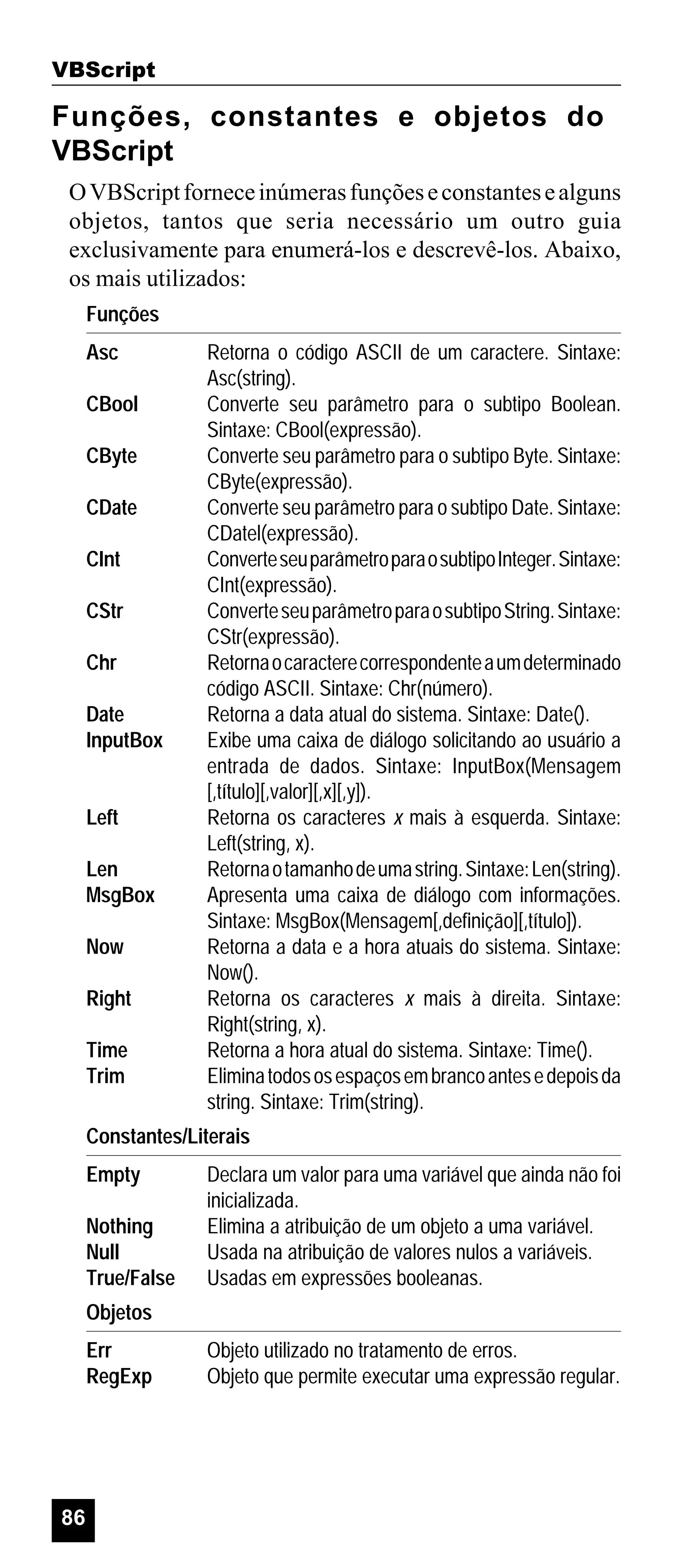 VBScript

Funções, constantes e objetos do
VBScript
O VBScript fornece inúmeras funções e constantes e alguns
objetos, tantos que seria necessário um outro guia
exclusivamente para enumerá-los e descrevê-los. Abaixo,
os mais utilizados:
Funções
Asc
CBool
CByte
CDate
CInt
CStr
Chr
Date
InputBox

Left
Len
MsgBox
Now
Right
Time
Trim

Retorna o código ASCII de um caractere. Sintaxe:
Asc(string).
Converte seu parâmetro para o subtipo Boolean.
Sintaxe: CBool(expressão).
Converte seu parâmetro para o subtipo Byte. Sintaxe:
CByte(expressão).
Converte seu parâmetro para o subtipo Date. Sintaxe:
CDatel(expressão).
Converte seu parâmetro para o subtipo Integer. Sintaxe:
CInt(expressão).
Converte seu parâmetro para o subtipo String. Sintaxe:
CStr(expressão).
Retorna o caractere correspondente a um determinado
código ASCII. Sintaxe: Chr(número).
Retorna a data atual do sistema. Sintaxe: Date().
Exibe uma caixa de diálogo solicitando ao usuário a
entrada de dados. Sintaxe: InputBox(Mensagem
[,título][,valor][,x][,y]).
Retorna os caracteres x mais à esquerda. Sintaxe:
Left(string, x).
Retorna o tamanho de uma string. Sintaxe: Len(string).
Apresenta uma caixa de diálogo com informações.
Sintaxe: MsgBox(Mensagem[,definição][,título]).
Retorna a data e a hora atuais do sistema. Sintaxe:
Now().
Retorna os caracteres x mais à direita. Sintaxe:
Right(string, x).
Retorna a hora atual do sistema. Sintaxe: Time().
Elimina todos os espaços em branco antes e depois da
string. Sintaxe: Trim(string).

Constantes/Literais
Empty
Nothing
Null
True/False

Declara um valor para uma variável que ainda não foi
inicializada.
Elimina a atribuição de um objeto a uma variável.
Usada na atribuição de valores nulos a variáveis.
Usadas em expressões booleanas.

Objetos
Err
RegExp

86

Objeto utilizado no tratamento de erros.
Objeto que permite executar uma expressão regular.

 