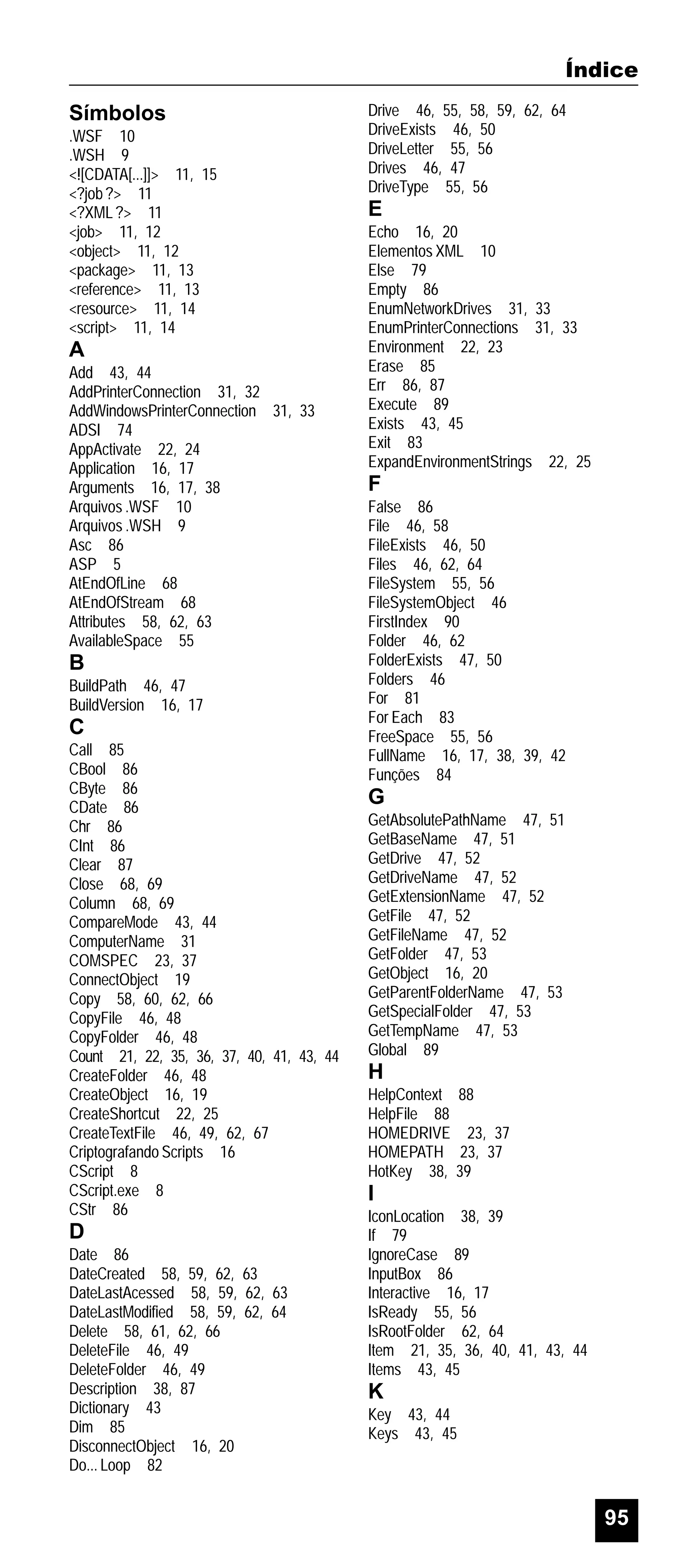 Índice
Símbolos
.WSF 10
.WSH 9
<![CDATA[...]]> 11, 15
<?job ?> 11
<?XML ?> 11
<job> 11, 12
<object> 11, 12
<package> 11, 13
<reference> 11, 13
<resource> 11, 14
<script> 11, 14

A
Add 43, 44
AddPrinterConnection 31, 32
AddWindowsPrinterConnection 31, 33
ADSI 74
AppActivate 22, 24
Application 16, 17
Arguments 16, 17, 38
Arquivos .WSF 10
Arquivos .WSH 9
Asc 86
ASP 5
AtEndOfLine 68
AtEndOfStream 68
Attributes 58, 62, 63
AvailableSpace 55

B
BuildPath 46, 47
BuildVersion 16, 17

C
Call 85
CBool 86
CByte 86
CDate 86
Chr 86
CInt 86
Clear 87
Close 68, 69
Column 68, 69
CompareMode 43, 44
ComputerName 31
COMSPEC 23, 37
ConnectObject 19
Copy 58, 60, 62, 66
CopyFile 46, 48
CopyFolder 46, 48
Count 21, 22, 35, 36, 37, 40, 41, 43, 44
CreateFolder 46, 48
CreateObject 16, 19
CreateShortcut 22, 25
CreateTextFile 46, 49, 62, 67
Criptografando Scripts 16
CScript 8
CScript.exe 8
CStr 86

D
Date 86
DateCreated 58, 59, 62, 63
DateLastAcessed 58, 59, 62, 63
DateLastModified 58, 59, 62, 64
Delete 58, 61, 62, 66
DeleteFile 46, 49
DeleteFolder 46, 49
Description 38, 87
Dictionary 43
Dim 85
DisconnectObject 16, 20
Do... Loop 82

Drive 46, 55, 58, 59, 62, 64
DriveExists 46, 50
DriveLetter 55, 56
Drives 46, 47
DriveType 55, 56

E
Echo 16, 20
Elementos XML 10
Else 79
Empty 86
EnumNetworkDrives 31, 33
EnumPrinterConnections 31, 33
Environment 22, 23
Erase 85
Err 86, 87
Execute 89
Exists 43, 45
Exit 83
ExpandEnvironmentStrings 22, 25

F
False 86
File 46, 58
FileExists 46, 50
Files 46, 62, 64
FileSystem 55, 56
FileSystemObject 46
FirstIndex 90
Folder 46, 62
FolderExists 47, 50
Folders 46
For 81
For Each 83
FreeSpace 55, 56
FullName 16, 17, 38, 39, 42
Funções 84

G
GetAbsolutePathName 47, 51
GetBaseName 47, 51
GetDrive 47, 52
GetDriveName 47, 52
GetExtensionName 47, 52
GetFile 47, 52
GetFileName 47, 52
GetFolder 47, 53
GetObject 16, 20
GetParentFolderName 47, 53
GetSpecialFolder 47, 53
GetTempName 47, 53
Global 89

H
HelpContext
HelpFile 88
HOMEDRIVE
HOMEPATH
HotKey 38,

88
23, 37
23, 37
39

I
IconLocation 38, 39
If 79
IgnoreCase 89
InputBox 86
Interactive 16, 17
IsReady 55, 56
IsRootFolder 62, 64
Item 21, 35, 36, 40, 41, 43, 44
Items 43, 45

K
Key 43, 44
Keys 43, 45

95

 