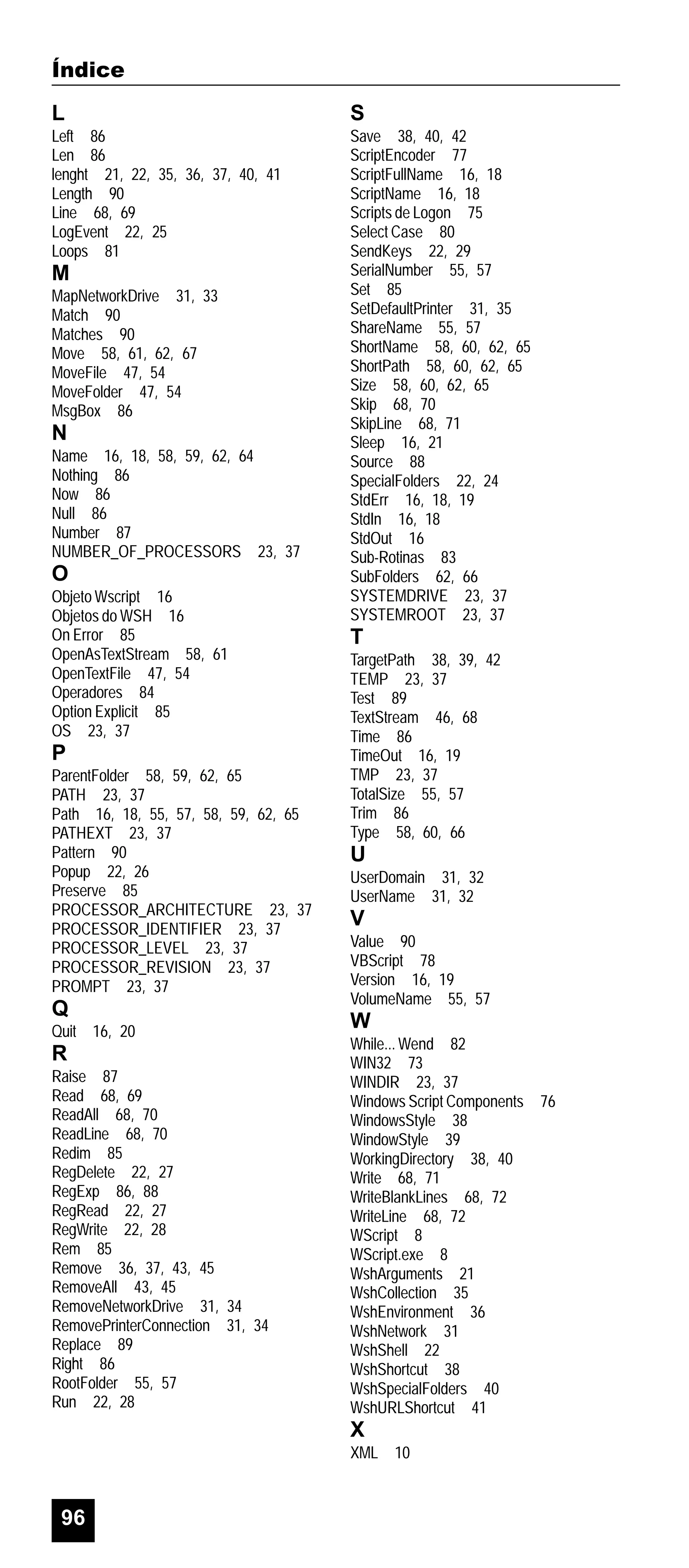 Índice
L

S

Left 86
Len 86
lenght 21, 22, 35, 36, 37, 40, 41
Length 90
Line 68, 69
LogEvent 22, 25
Loops 81

Save 38, 40, 42
ScriptEncoder 77
ScriptFullName 16, 18
ScriptName 16, 18
Scripts de Logon 75
Select Case 80
SendKeys 22, 29
SerialNumber 55, 57
Set 85
SetDefaultPrinter 31, 35
ShareName 55, 57
ShortName 58, 60, 62, 65
ShortPath 58, 60, 62, 65
Size 58, 60, 62, 65
Skip 68, 70
SkipLine 68, 71
Sleep 16, 21
Source 88
SpecialFolders 22, 24
StdErr 16, 18, 19
StdIn 16, 18
StdOut 16
Sub-Rotinas 83
SubFolders 62, 66
SYSTEMDRIVE 23, 37
SYSTEMROOT 23, 37

M
MapNetworkDrive 31, 33
Match 90
Matches 90
Move 58, 61, 62, 67
MoveFile 47, 54
MoveFolder 47, 54
MsgBox 86

N
Name 16, 18, 58, 59, 62, 64
Nothing 86
Now 86
Null 86
Number 87
NUMBER_OF_PROCESSORS 23, 37

O
Objeto Wscript 16
Objetos do WSH 16
On Error 85
OpenAsTextStream 58, 61
OpenTextFile 47, 54
Operadores 84
Option Explicit 85
OS 23, 37

P
ParentFolder 58, 59, 62, 65
PATH 23, 37
Path 16, 18, 55, 57, 58, 59, 62, 65
PATHEXT 23, 37
Pattern 90
Popup 22, 26
Preserve 85
PROCESSOR_ARCHITECTURE 23, 37
PROCESSOR_IDENTIFIER 23, 37
PROCESSOR_LEVEL 23, 37
PROCESSOR_REVISION 23, 37
PROMPT 23, 37

Q
Quit 16, 20

R
Raise 87
Read 68, 69
ReadAll 68, 70
ReadLine 68, 70
Redim 85
RegDelete 22, 27
RegExp 86, 88
RegRead 22, 27
RegWrite 22, 28
Rem 85
Remove 36, 37, 43, 45
RemoveAll 43, 45
RemoveNetworkDrive 31, 34
RemovePrinterConnection 31, 34
Replace 89
Right 86
RootFolder 55, 57
Run 22, 28

T
TargetPath 38, 39, 42
TEMP 23, 37
Test 89
TextStream 46, 68
Time 86
TimeOut 16, 19
TMP 23, 37
TotalSize 55, 57
Trim 86
Type 58, 60, 66

U
UserDomain 31, 32
UserName 31, 32

V
Value 90
VBScript 78
Version 16, 19
VolumeName 55, 57

W
While... Wend 82
WIN32 73
WINDIR 23, 37
Windows Script Components 76
WindowsStyle 38
WindowStyle 39
WorkingDirectory 38, 40
Write 68, 71
WriteBlankLines 68, 72
WriteLine 68, 72
WScript 8
WScript.exe 8
WshArguments 21
WshCollection 35
WshEnvironment 36
WshNetwork 31
WshShell 22
WshShortcut 38
WshSpecialFolders 40
WshURLShortcut 41

X
XML 10

96

 