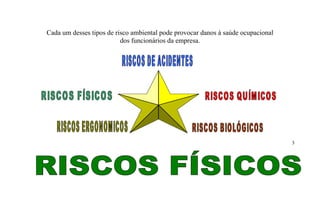 Cada um desses tipos de risco ambiental pode provocar danos à saúde ocupacional 
dos funcionários da empresa. 
3 
 