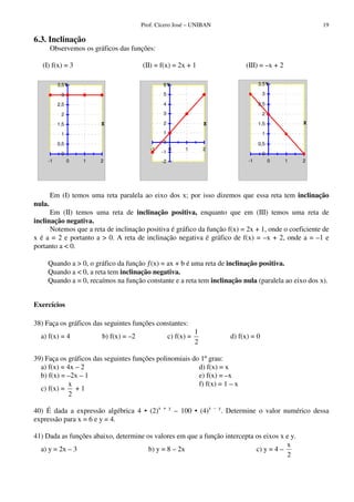 Prof. Cícero José – UNIBAN 19
6.3. Inclinação
Observemos os gráficos das funções:
(I) f(x) = 3 (II) = f(x) = 2x + 1 (III) = –x + 2
0
0,5
1
1,5
2
2,5
3
3,5
-1 0 1 2
X
Y
-2
-1
0
1
2
3
4
5
6
-1 0 1 2
X
Y
0
0,5
1
1,5
2
2,5
3
3,5
-1 0 1 2
X
Y
Em (I) temos uma reta paralela ao eixo dos x; por isso dizemos que essa reta tem inclinação
nula.
Em (II) temos uma reta de inclinação positiva, enquanto que em (III) temos uma reta de
inclinação negativa.
Notemos que a reta de inclinação positiva é gráfico da função f(x) = 2x + 1, onde o coeficiente de
x é a = 2 e portanto a > 0. A reta de inclinação negativa é gráfico de f(x) = –x + 2, onde a = –1 e
portanto a < 0.
Quando a > 0, o gráfico da função ƒ(x) = ax + b é uma reta de inclinação positiva.
Quando a < 0, a reta tem inclinação negativa.
Quando a = 0, recaímos na função constante e a reta tem inclinação nula (paralela ao eixo dos x).
Exercícios
38) Faça os gráficos das seguintes funções constantes:
a) f(x) = 4 b) f(x) = –2 c) f(x) =
1
2
d) f(x) = 0
39) Faça os gráficos das seguintes funções polinomiais do 1ºgrau:
a) f(x) = 4x – 2
b) f(x) = –2x – 1
c) f(x) =
x
2
+ 1
d) f(x) = x
e) f(x) = –x
f) f(x) = 1 – x
40) É dada a expressão algébrica 4 • (2)x + y
– 100 • (4)x – y
. Determine o valor numérico dessa
expressão para x = 6 e y = 4.
41) Dada as funções abaixo, determine os valores em que a função intercepta os eixos x e y.
a) y = 2x – 3 b) y = 8 – 2x c) y = 4 –
2
x
 