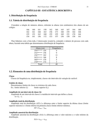 Prof. Cícero José – UNIBAN 33
CAPÍTULO III - ESTATÍSTICA DESCRITIVA
1. Distribuição de frequência
1.1. Tabela de distribuição de frequência
Considere a relação de números abaixo, referente às alturas (em centímetros) dos alunos de um
colégio:
166 160 161 150 162 160 165 167 164 160
162 161 168 163 156 173 160 155 164 168
155 152 163 160 155 155 169 151 170 164
154 161 156 172 153 157 156 158 158 161
Para lidarmos com a lista toda, é interessante resumi-la, contando o número de pessoas com cada
altura, fazendo uma tabela que denominamos distribuição de frequência.
Altura (cm) Frequência
150 154
154 158
158 162
162 166
166 170
170 174
Total
4
9
11
8
5
3
40
1.2. Elementos de uma distribuição de frequência
Classe
Classes de frequência ou, simplesmente, classes são intervalos de variação da variável.
Limites de classe
Denominamos limites de classe os extremos de cada classe.
Ex.: limite inferior (li) limite superior (Li)
Amplitude de um intervalo de classe (h)
Amplitude de um intervalo de classe é a medida do intervalo que define a classe.
h = Li – li
Amplitude total da distribuição
Amplitude total da distribuição (AT) é a diferença entre o limite superior da última classe (limite
superior máximo) e o limite inferior da primeira classe (limite inferior mínimo).
AT = Lmax – lmin
Amplitude amostral da distribuição
Amplitude amostral da distribuição (AA) é a diferença entre o valor máximo e o valor mínimo da
distribuição.
AA = xmax – xmin
 