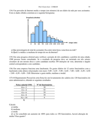 Prof. Cícero José – UNIBAN 59
134) Um provedor de Internet mediu o tempo (em minutos) de uso diário da rede por seus assinantes.
Com os dados obtidos construiu-se o seguinte histograma:
a) Que porcentagem do total de assinantes fica entre meia hora e uma hora na rede?
b) Qual é a média e a mediana do tempo de uso da Internet?
135) Em uma pesquisa eleitoral para verificar a posição de três candidatos a prefeito de uma cidade,
1500 pessoas foram consultadas. Se o resultado da pesquisa deve ser mostrado em três setores
circulares de um mesmo disco e certo candidato recebeu 350 intenções de voto, determine o ângulo
central correspondente a este candidato.
136) Em uma empresa funciona uma lanchonete. Os gastos diários de 12 certos funcionários com a
lanchonete estão abaixo relacionados (em reais): 5,80 – 6,20 – 5,90 – 6,40 – 7,00 – 6,00 – 6,50 – 6,50
– 5,80 – 6,50 – 6,00 – 5,80. Determine o gasto médio, mediano e modal.
137) O Departamento Pessoal de certa firma fez um levantamento dos salários dos 120 funcionários do
setor administrativo, obtendo os seguintes resultados:
Faixa salarial (SM) Nº de funcionários
0 | 2 30
2 | 4 42
4 | 6 24
6 | 8 18
8 | 10 6
Calcule:
a) média
b) mediana
c) moda
d) se for concebido um aumento de 100% para todos os 150 funcionários, haverá alteração de
média? Para quanto?
tempo (min)
frequência absoluta
10
16
12
14
20
5
2
1
0 30 60 90 120 150 180 210 240
 