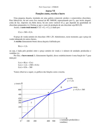 Prof. Cícero José – UNIBAN 82
Anexo VI
Funções custo, receita e lucro
Uma pequena doçaria, instalada em uma galeria comercial, produz e comercializa chocolates.
Para fabricá-los, há um custo fixo mensal de R$ 3600,00, representando por CF, que inclui aluguel,
conta de luz, impostos etc.Além desse, há um custo variável (CV), que depende da quantidade de
chocolates preparados (x). Estima-se que o custo de produção de um chocolate seja R$ 0,30.
Assim, o custo total mensal, C (C = CF + CV), é dado por:
C(x) = 360 + 0,3x
O preço de venda unitário do chocolate é R$ 1,20. Admitiremos, neste momento, que o preço de
venda independe de outros fatores.
A receita (faturamento bruto) dessa doçaria é definida por:
R(x) = 1,2x
ou seja, é dada pelo produto entre o preço unitário de venda e o número de unidades produzidas e
vendidas (x).
Por fim, o lucro mensal, L (faturamento líquido), desse estabelecimento é uma função de 1ºgrau
dada por:
L(x) = R(x) – C(x)
L(x) = 1,2x – (360 + 0,3x)
L(x) = 0,9x – 360
Vamos observar a seguir, os gráficos das funções custo e receita.
0 100 200 400 500
•
240
360
390
420
480
600
P
I
II
receita
y = 1,2x
custo
y = 0,3x + 360
x (unidades produzidas e
vendidas)
y (reais)
 