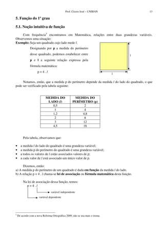 Prof. Cícero José – UNIBAN                      13

5. Função do 1º grau

5.1. Noção intuitiva de função

     Com frequência5 encontramos em Matemática, relações entre duas grandezas variáveis.
Observemos uma situação:
Exemplo: Seja um quadrado cujo lado mede l.
              Designando por p a medida do perímetro
              desse quadrado, podemos estabelecer entre                            l
              p e l a seguinte relação expressa pela
              fórmula matemática:
                     p=4.l
                                                                              l


     Notamos, então, que a medida p do perímetro depende da medida l do lado do quadrado, o que
pode ser verificado pela tabela seguinte:


                            MEDIDA DO               MEDIDA DO
                             LADO (l)              PERÍMETRO (p)
                               0,5                       2
                                1                        4
                               1,2                      4,8
                                2                        8
                                3                       12
                               4,5                      18


         Pela tabela, observamos que:

•     a medida l do lado do quadrado é uma grandeza variável;
•     a medida p do perímetro do quadrado é uma grandeza variável;
•     a todos os valores de l estão associados valores de p;
•     a cada valor de l está associado um único valor de p.

      Dizemos, então:
a) A medida p do perímetro de um quadrado é dada em função da medida l do lado.
b) A relação p = 4 . l chama-se lei de associação ou fórmula matemática desta função.

         Na lei de associação dessa função, temos:
           p=4.l
                                variável independente
                      variável dependente




5
    De acordo com a nova Reforma Ortográfica 2009, não se usa mais o trema.
 