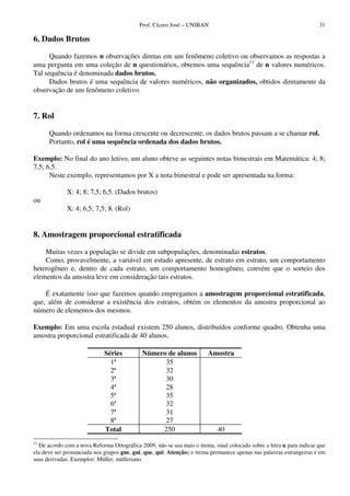 Prof. Cícero José – UNIBAN                                                 31

6. Dados Brutos

      Quando fazemos n observações diretas em um fenômeno coletivo ou observamos as respostas a
uma pergunta em uma coleção de n questionários, obtemos uma sequência11 de n valores numéricos.
Tal sequência é denominada dados brutos.
      Dados brutos é uma sequência de valores numéricos, não organizados, obtidos diretamente da
observação de um fenômeno coletivo.


7. Rol

      Quando ordenamos na forma crescente ou decrescente, os dados brutos passam a se chamar rol.
      Portanto, rol é uma sequência ordenada dos dados brutos.

Exemplo: No final do ano letivo, um aluno obteve as seguintes notas bimestrais em Matemática: 4; 8;
7,5; 6,5.
      Neste exemplo, representamos por X a nota bimestral e pode ser apresentada na forma:

             X: 4; 8; 7,5; 6,5. (Dados brutos)
ou
             X: 4; 6,5; 7,5; 8. (Rol)


8. Amostragem proporcional estratificada

    Muitas vezes a população se divide em subpopulações, denominadas estratos.
    Como, provavelmente, a variável em estudo apresente, de estrato em estrato, um comportamento
heterogêneo e, dentro de cada estrato, um comportamento homogêneo, convém que o sorteio dos
elementos da amostra leve em consideração tais estratos.

    É exatamente isso que fazemos quando empregamos a amostragem proporcional estratificada,
que, além de considerar a existência dos estratos, obtém os elementos da amostra proporcional ao
número de elementos dos mesmos.

Exemplo: Em uma escola estadual existem 250 alunos, distribuídos conforme quadro. Obtenha uma
amostra proporcional estratificada de 40 alunos.

                             Séries          Número de alunos           Amostra
                               1ª                  35
                               2ª                  32
                               3ª                  30
                               4ª                  28
                               5ª                  35
                               6ª                  32
                               7ª                  31
                               8ª                  27
                             Total                250                       40
11
  De acordo com a nova Reforma Ortográfica 2009, não se usa mais o trema, sinal colocado sobre a letra u para indicar que
ela deve ser pronunciada nos grupos gue, gui, que, qui. Atenção: o trema permanece apenas nas palavras estrangeiras e em
suas derivadas. Exemplos: Müller, mülleriano.
 