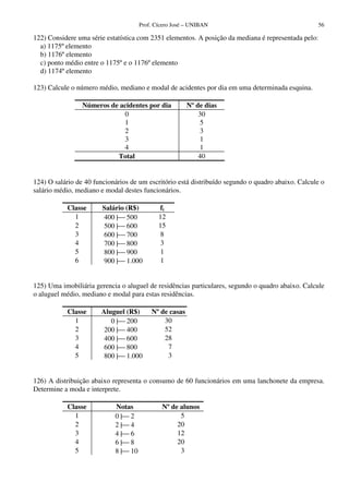 Prof. Cícero José – UNIBAN                                     56

122) Considere uma série estatística com 2351 elementos. A posição da mediana é representada pelo:
  a) 1175º elemento
  b) 1176º elemento
  c) ponto médio entre o 1175º e o 1176º elemento
  d) 1174º elemento

123) Calcule o número médio, mediano e modal de acidentes por dia em uma determinada esquina.

                 Números de acidentes por dia           Nº de dias
                             0                              30
                             1                               5
                             2                               3
                             3                               1
                             4                               1
                           Total                            40


124) O salário de 40 funcionários de um escritório está distribuído segundo o quadro abaixo. Calcule o
salário médio, mediano e modal destes funcionários.

           Classe       Salário (R$)         fi
             1          400 | 500           12
             2          500 | 600           15
             3          600 | 700           8
             4          700 | 800           3
             5          800 | 900           1
             6          900 | 1.000         1


125) Uma imobiliária gerencia o aluguel de residências particulares, segundo o quadro abaixo. Calcule
o aluguel médio, mediano e modal para estas residências.

           Classe      Aluguel (R$)       Nº de casas
             1            0 | 200            30
             2          200 | 400            52
             3          400 | 600            28
             4          600 | 800             7
             5          800 | 1.000           3


126) A distribuição abaixo representa o consumo de 60 funcionários em uma lanchonete da empresa.
Determine a moda e interprete.

           Classe           Notas             Nº de alunos
             1              0 | 2                  5
             2              2 | 4                 20
             3              4 | 6                 12
             4              6 | 8                 20
             5              8 | 10                 3
 
