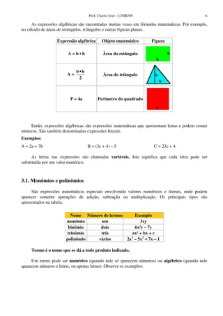 Prof. Cícero José – UNIBAN                                   6

     As expressões algébricas são encontradas muitas vezes em fórmulas matemáticas. Por exemplo,
no cálculo de áreas de retângulos, triângulos e outras figuras planas.

                  Expressão algébrica    Objeto matemático         Figura

                        A=b•h             Área do retângulo


                            b•h
                       A=                 Área do triângulo
                             2



                         P = 4a         Perímetro do quadrado




    Então, expressões algébricas são expressões matemáticas que apresentam letras e podem conter
números. São também denominadas expressões literais.
Exemplos:
A = 2a + 7b                       B = (3c + 4) – 5                  C = 23c + 4

      As letras nas expressões são chamadas variáveis. Isto significa que cada letra pode ser
substituída por um valor numérico.



3.1. Monômios e polinômios

     São expressões matemáticas especiais envolvendo valores numéricos e literais, onde podem
aparecer somente operações de adição, subtração ou multiplicação. Os principais tipos são
apresentados na tabela:

                         Nome Número de termos     Exemplo
                       monômio      um               3xy
                        binômio    dois            6x²y – 7y
                       trinômio    três          ax² + bx + c
                       polinômio  vários       2x – 5x2 + 7x – 1
                                                 3



     Termo é o nome que se dá a todo produto indicado.

     Um termo pode ser numérico (quando nele só aparecem números) ou algébrico (quando nele
aparecem números e letras, ou apenas letras). Observe os exemplos:
 