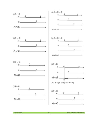 CÁSSIO VIDIGAL 22 IFMG – CAMPUS OURO PRETO
c) A  C
d) A  C
e) B  C
f) B  C
g) A  B  C
h) A  B  C
i) A – B
A – B = { x   | -2 < x < 1}
j) A – C
 