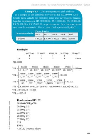 105
Análise de Investimentos – Taxa Interna de Retorno, Valor Presente Líquido e Payback – Capítulo 5
EAD-15-MatemáticaFinanceira–Proibidaareprodução–©UniSEB
Exemplo 5.4 – Uma transportadora está analisan-
do a compra de um caminhão no valor de R$ 103.000,00. A uti-
lização desse veículo nos próximos cinco anos deverá gerar receitas
líquidas estimadas em R$ 30.000,00, R$ 35.000,00, R$ 32.000,00,
R$ 28.000,00 e R$ 37.000,00, respectivamente. Se a empresa espera
uma taxa de retorno de 15% a.a., qual o valor presente líquido?
Investimento inicial
Fluxos de caixa
Ano 1 Ano 2 Ano 3 Ano 4 Ano 5
– $ 103.000 $ 30.000 $ 35.000 $ 32.000 $ 28.000 $ 37.000
Resolução:
0 1 2 3 4 5 anos
37.000,00
103.000,00
30.000,00 35.000,00 32.000,00 28.000,00
VPL =
+
+
+
+
+
+
30.000 35.000 32.000 28.000
( , ) ( , ) ( , )1 0 15 1 0 15 1 0 151 2 3 (( , ) ( , )
.
( , )
1 0 15 1 0 15
103 000
1 15
4 5
1
+
+
+





 −
= +
37.000
30.000
VPL
335.000 32.000 28.000 37.000
( , ) ( , ) ( , ) ( , )1 15 1 15 1 15 1 152 3 4 5
+ + +





 −
= + + +
103 000
1 15 1 3225 1 520875
.
, , ,
VPL
30.000 35.000 32.000 28..000 37.000
1 749006 2 011357
103 000
26 086 96 26
, ,
.
. ,
+





 −
= +VPL .. , . , . , . , .
.
465 03 21 040 51 16 009 09 18 395 54 103 000
107 99
+ + +[ ]−
=VPL 77 13 103 000
4 997 13
, .
. ,
−
=VPL
Resolvendo na HP-12C:
103.000 CHS g CF0
30.000 g CFj
35.000 g CFj
32.000 g CFj
28.000 g CFj
37.000 g CFj
15 i
f NPV
4.997,13 (resposta visor)
 