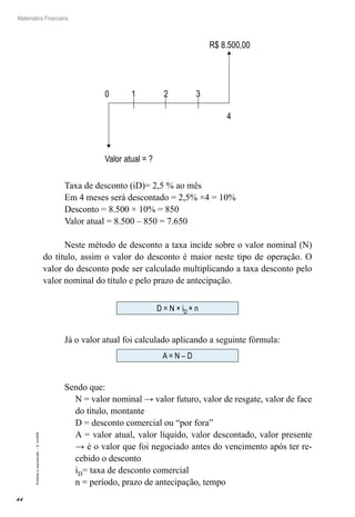 44
Matemática Financeira
Proibidaareprodução–©UniSEB
0
Valor atual = ?
1 2 3
4
R$ 8.500,00
Taxa de desconto (iD)= 2,5 % ao mês
Em 4 meses será descontado = 2,5% ×4 = 10%
Desconto = 8.500 × 10% = 850
Valor atual = 8.500 – 850 = 7.650
Neste método de desconto a taxa incide sobre o valor nominal (N)
do título, assim o valor do desconto é maior neste tipo de operação. O
valor do desconto pode ser calculado multiplicando a taxa desconto pelo
valor nominal do título e pelo prazo de antecipação.
D = N × iD × n
Já o valor atual foi calculado aplicando a seguinte fórmula:
A = N – D
Sendo que:
N = valor nominal → valor futuro, valor de resgate, valor de face
do título, montante
D = desconto comercial ou “por fora”
A = valor atual, valor líquido, valor descontado, valor presente
→ é o valor que foi negociado antes do vencimento após ter re-
cebido o desconto
iD= taxa de desconto comercial
n = período, prazo de antecipação, tempo
 